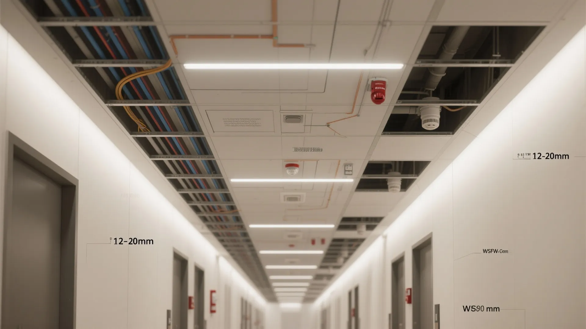Top-down hallway ceiling plan showing substructure, cable drop, lighting circuits, and service access points.