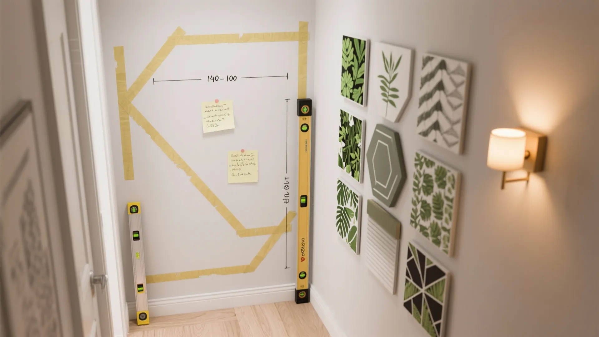 Interior wall planning process with tape measurements yellow level tools and green leaf pattern art