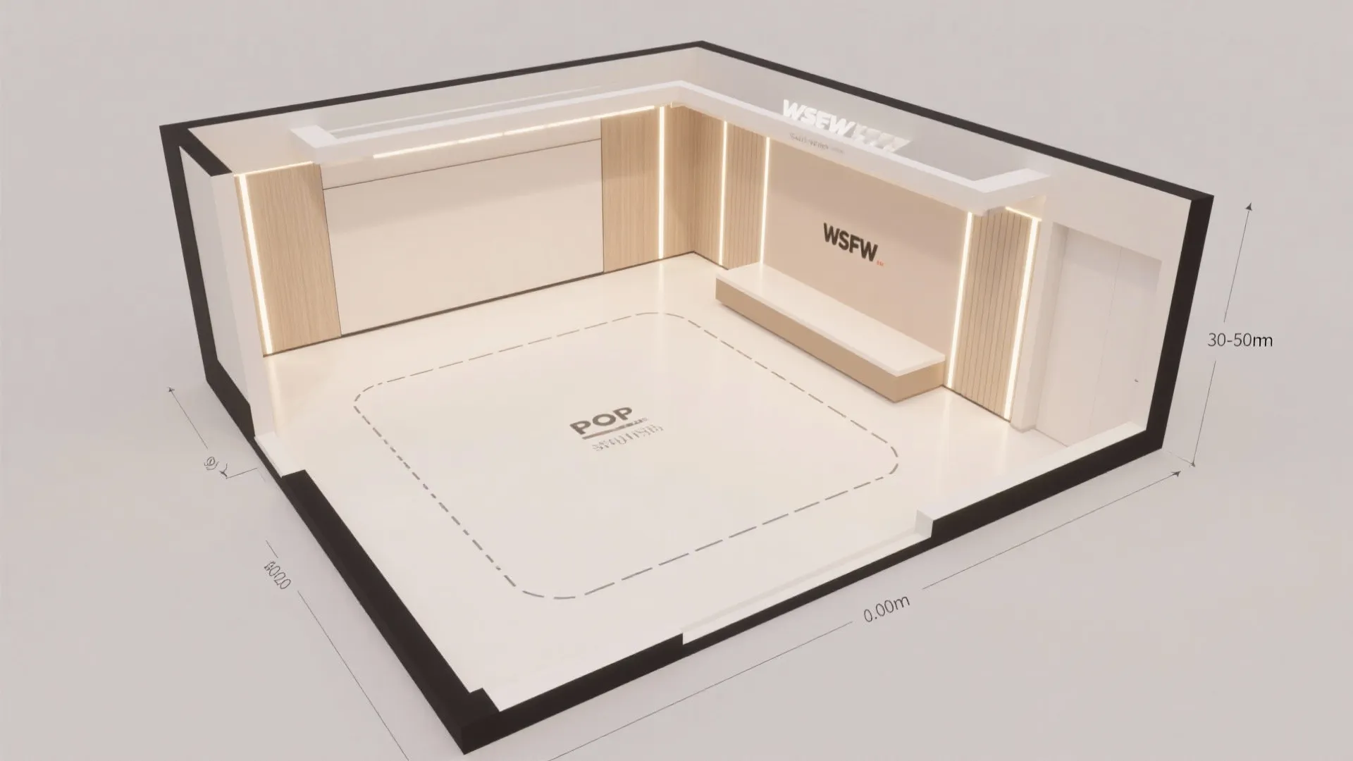 Interior design drawing of a large open room with white floors and modern wall panels