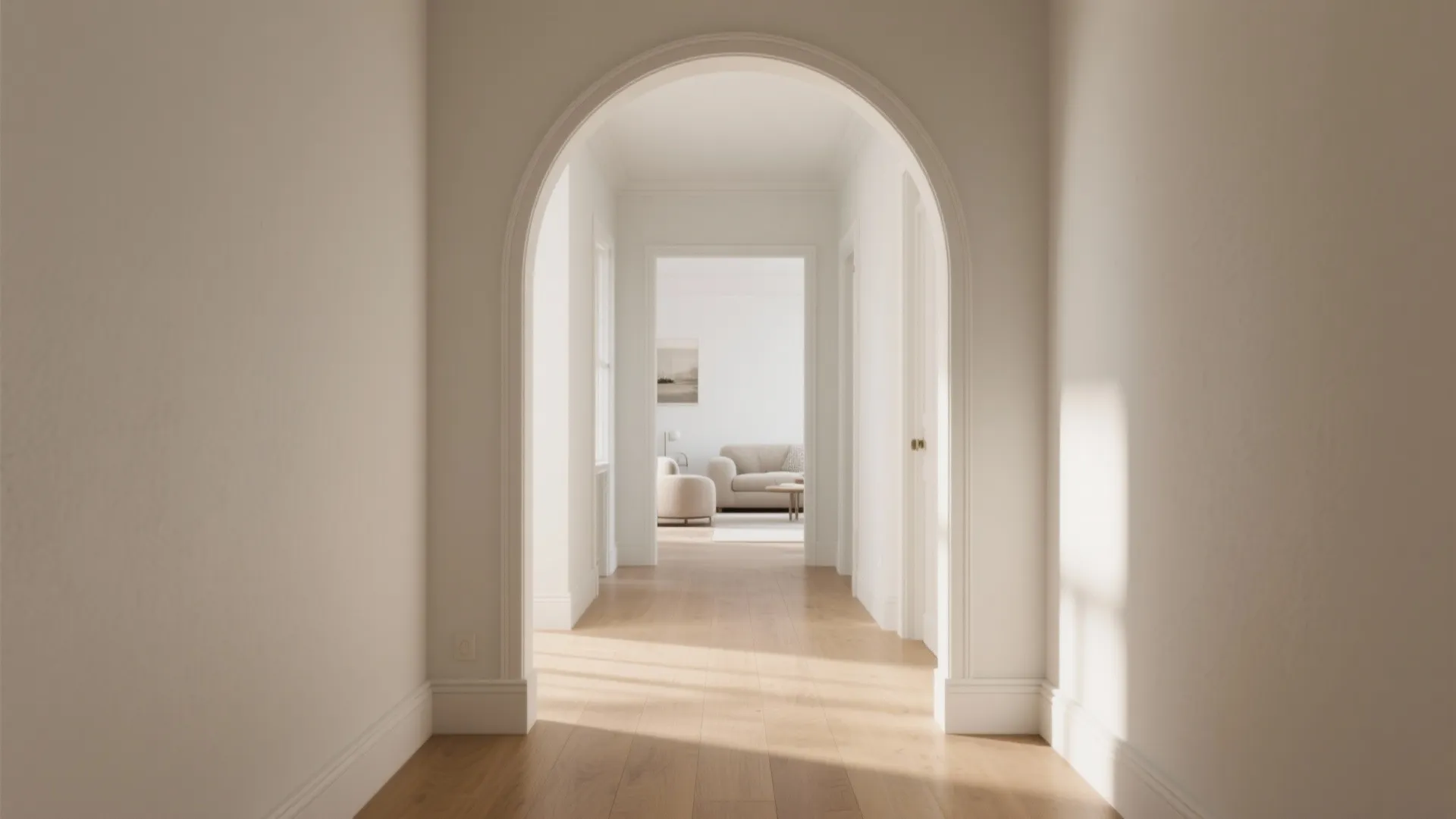 Bright hallway with white arched doorway leading to a living room with sofa and table