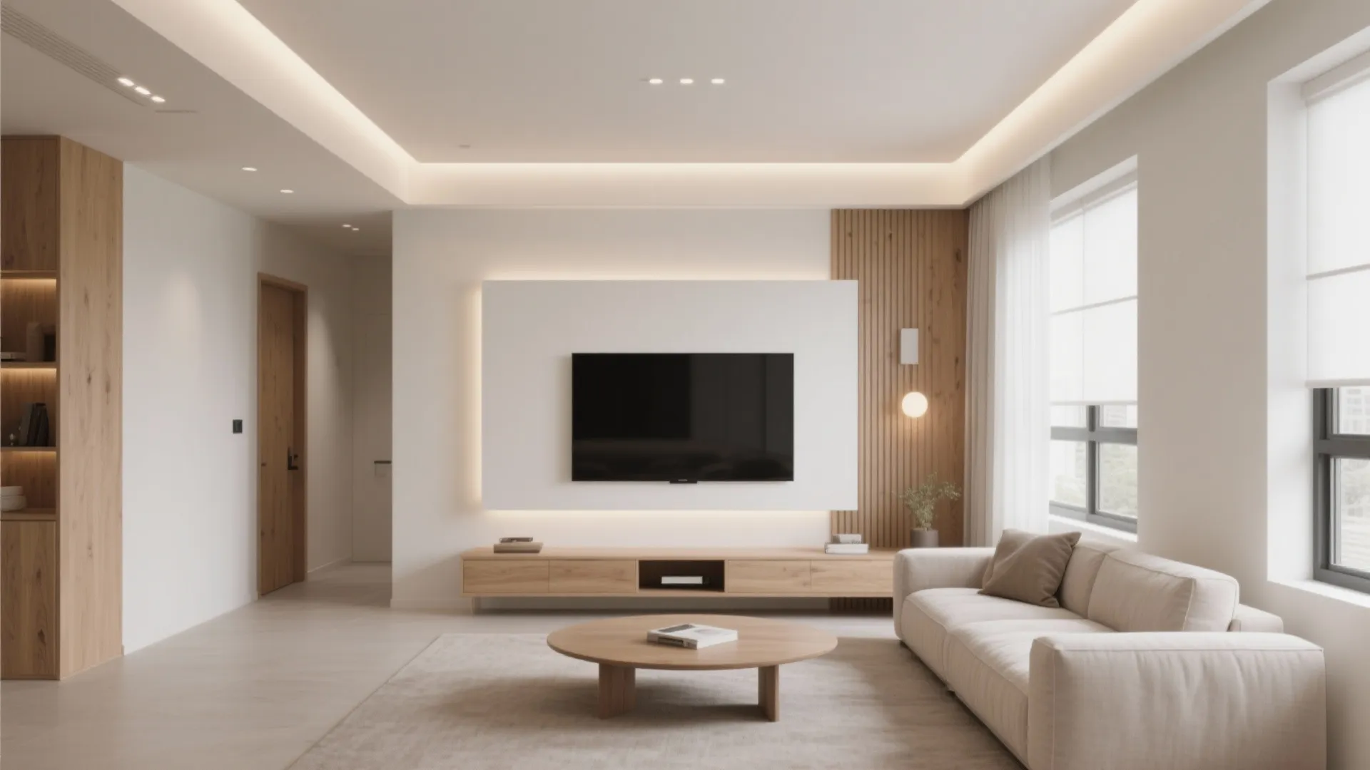 Modern living room design with white walls wooden cabinet television cream sofa rug and table