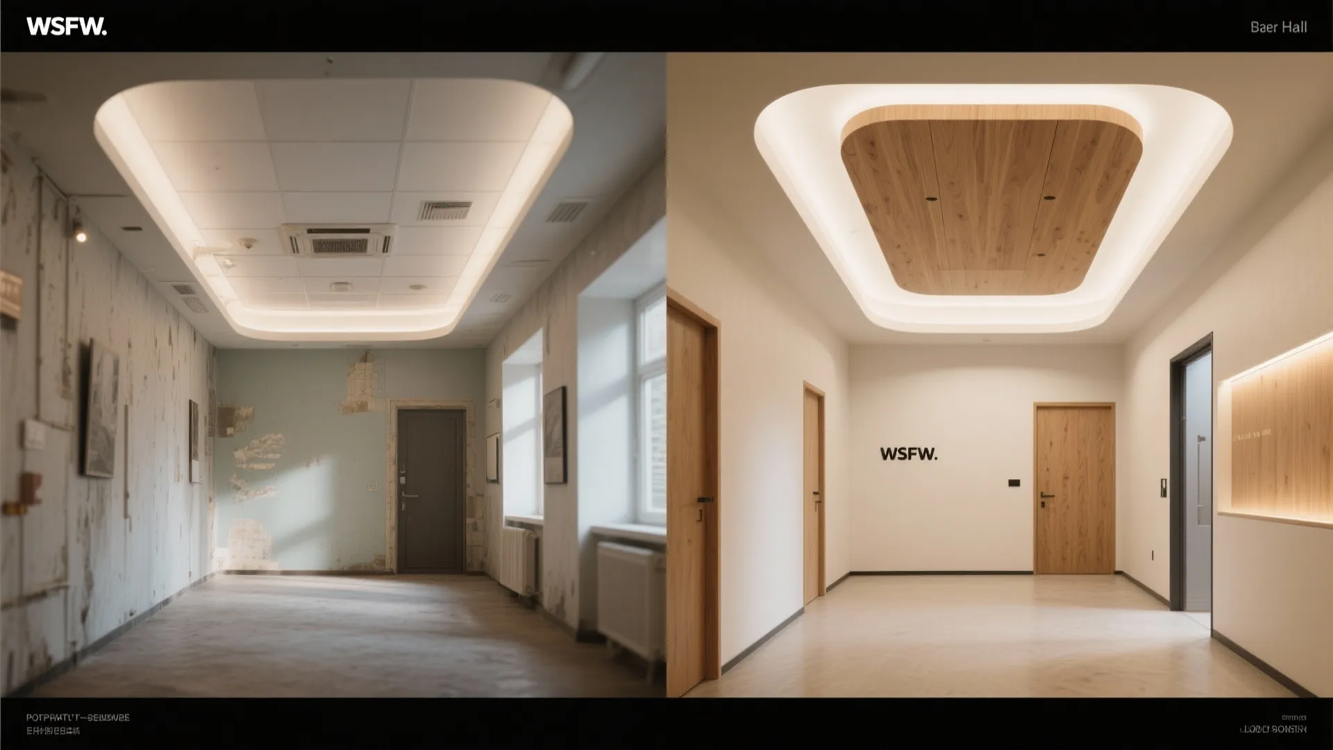 Before and after comparison of hallway renovation showing old walls versus new modern wood ceiling