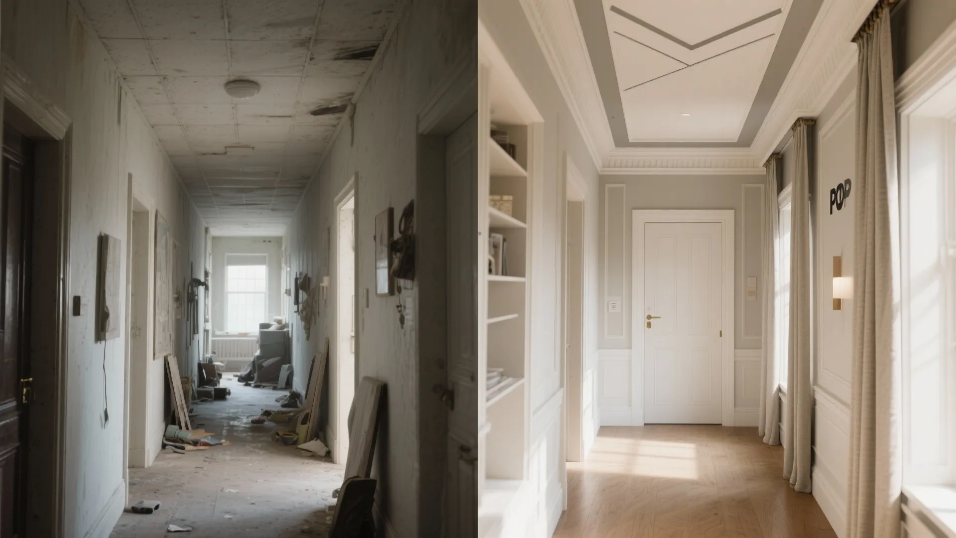 Before and after hallway renovation showing messy old corridor versus clean modern white interior design