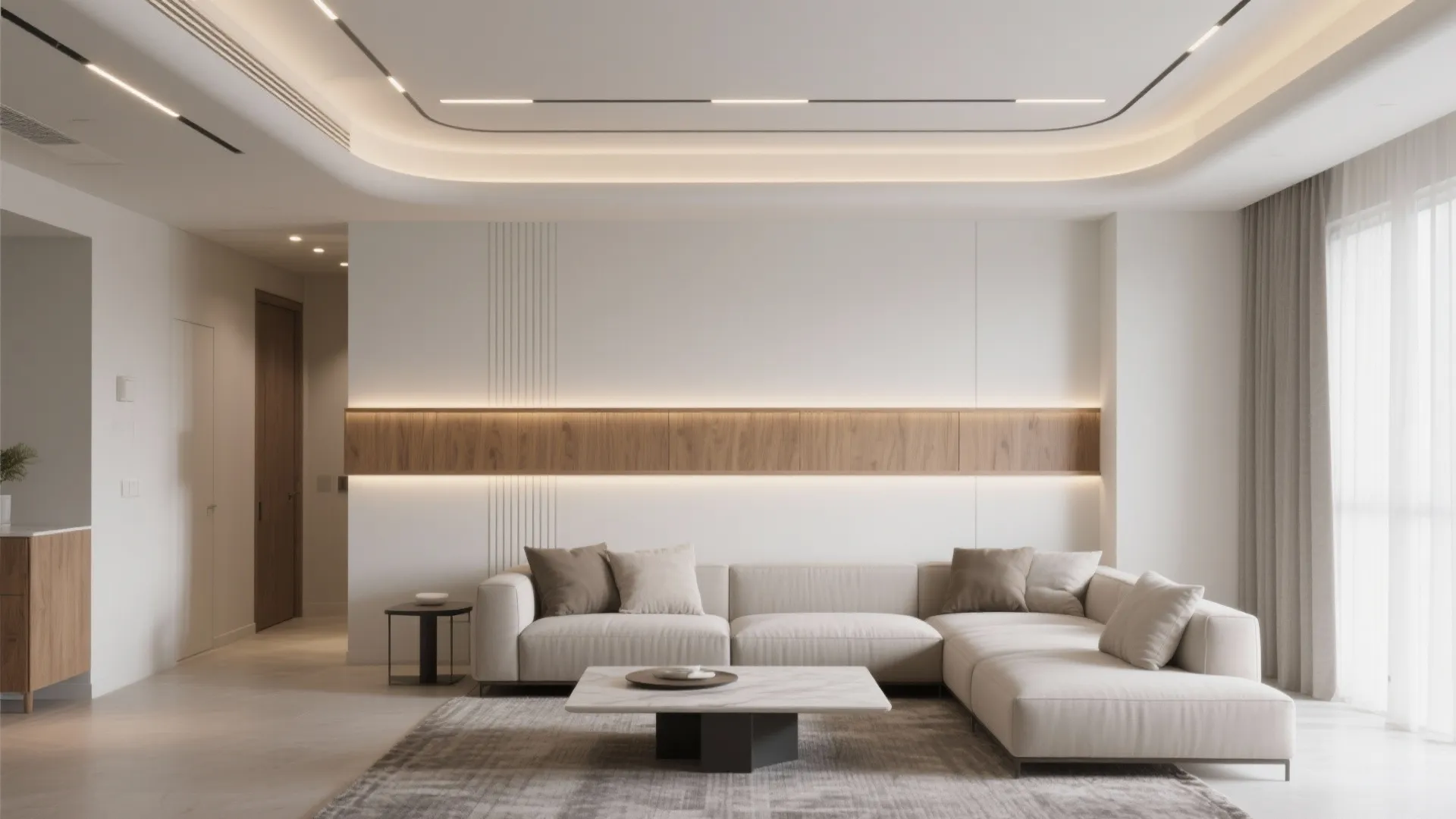 Modern living room featuring white sofa marble coffee table rug and wood wall panel with lighting