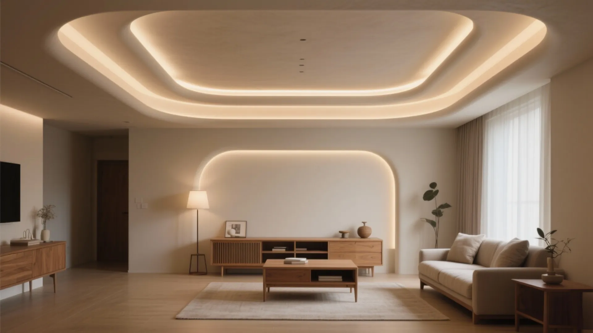 Modern living room featuring a warm recessed ceiling light, wooden cabinet, beige sofa, and rug