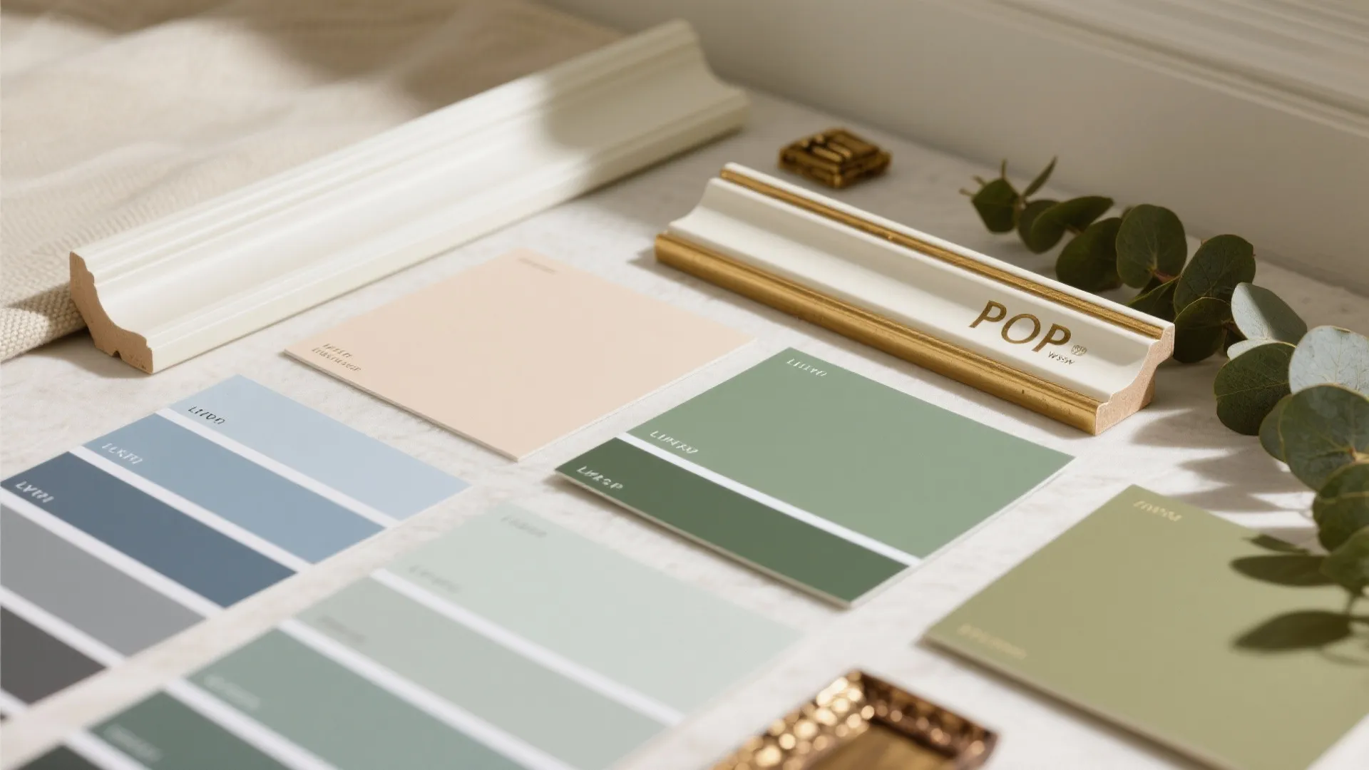 Collection of green and blue color swatches with white wall panel samples and small leaves