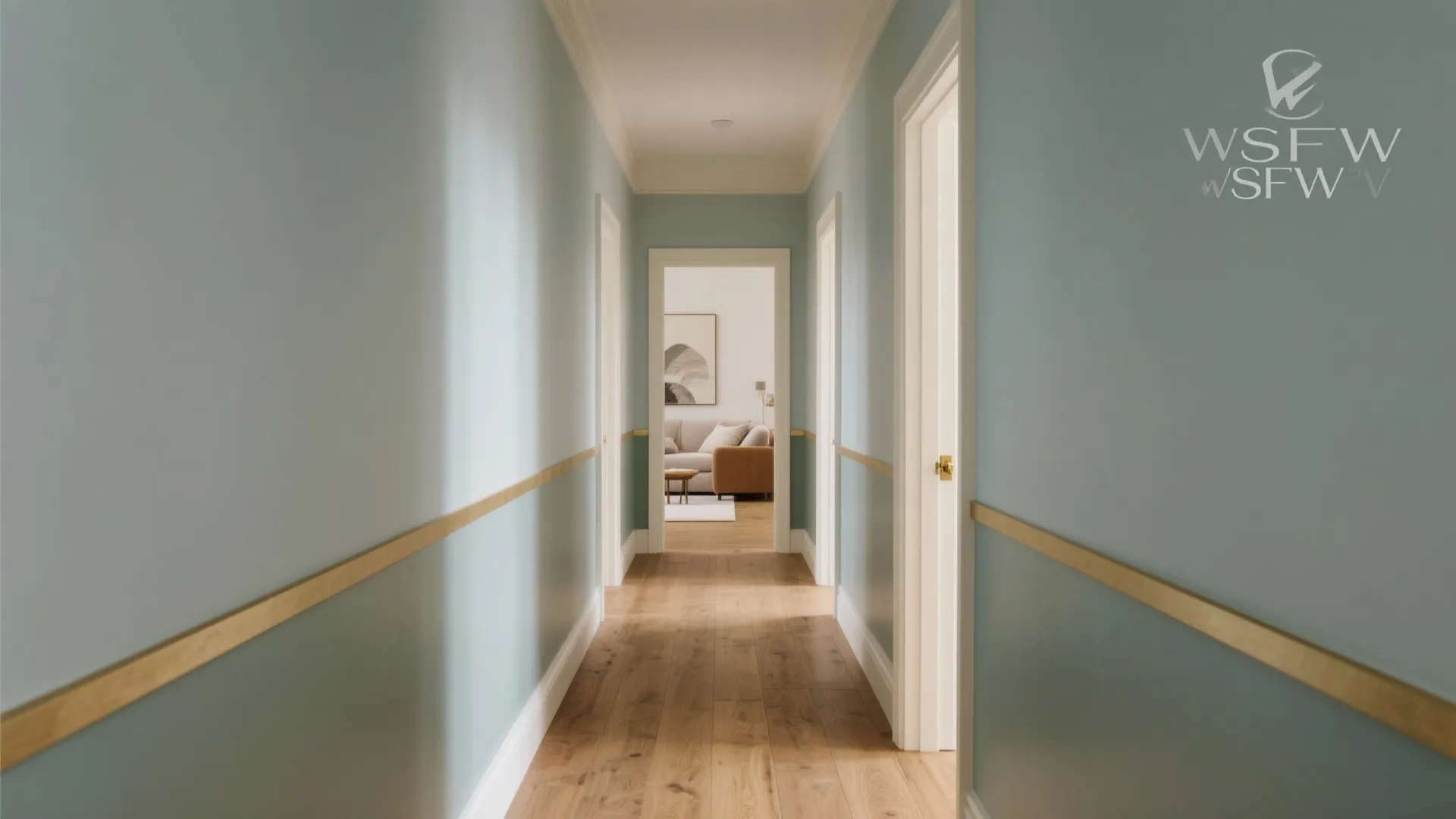 Narrow hallway with light blue walls gold wall panel wooden floor and white door frames