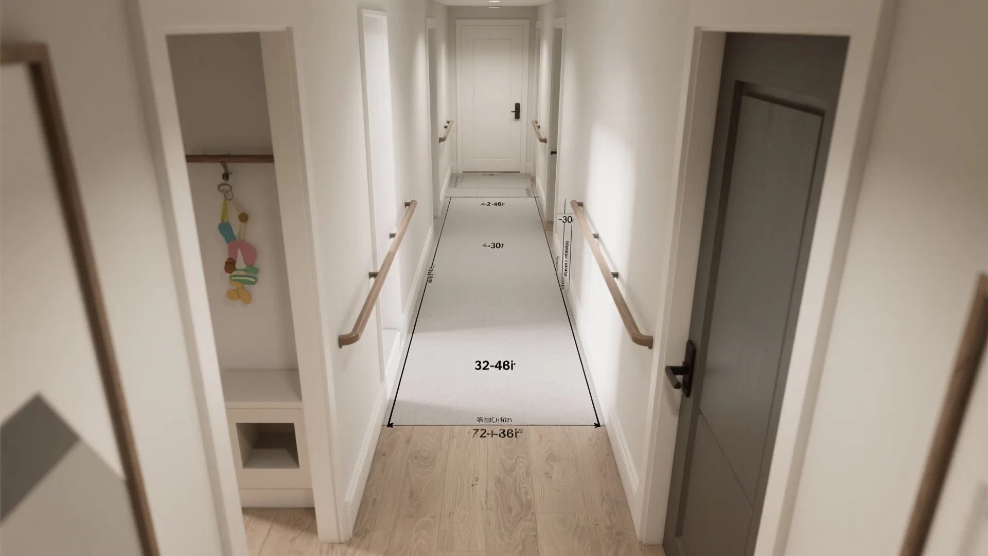 Narrow white hallway layout design showing wooden handrails and floor measurements in an interior drawing