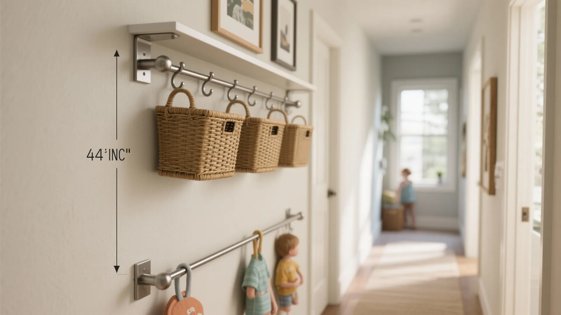 Built-in rail system for flexible hooks and art