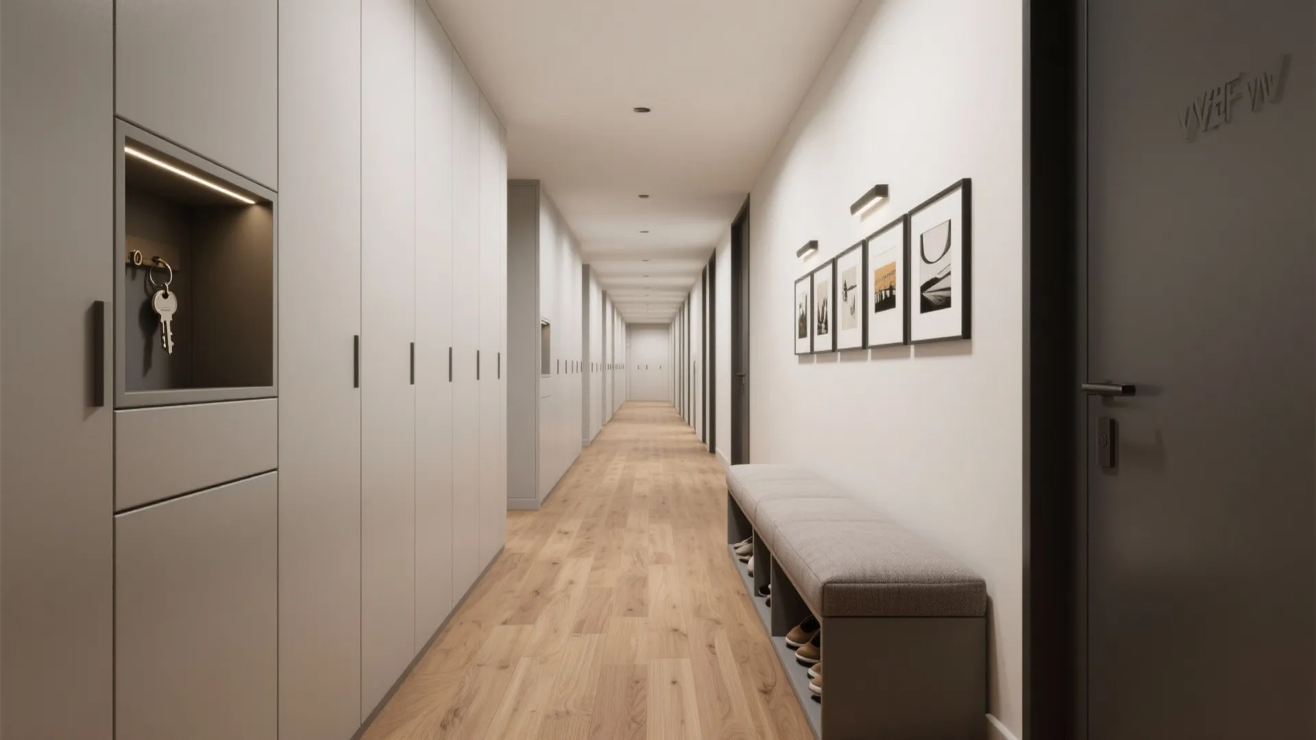 5) Built-in rhythm: niches, benches, and art rails