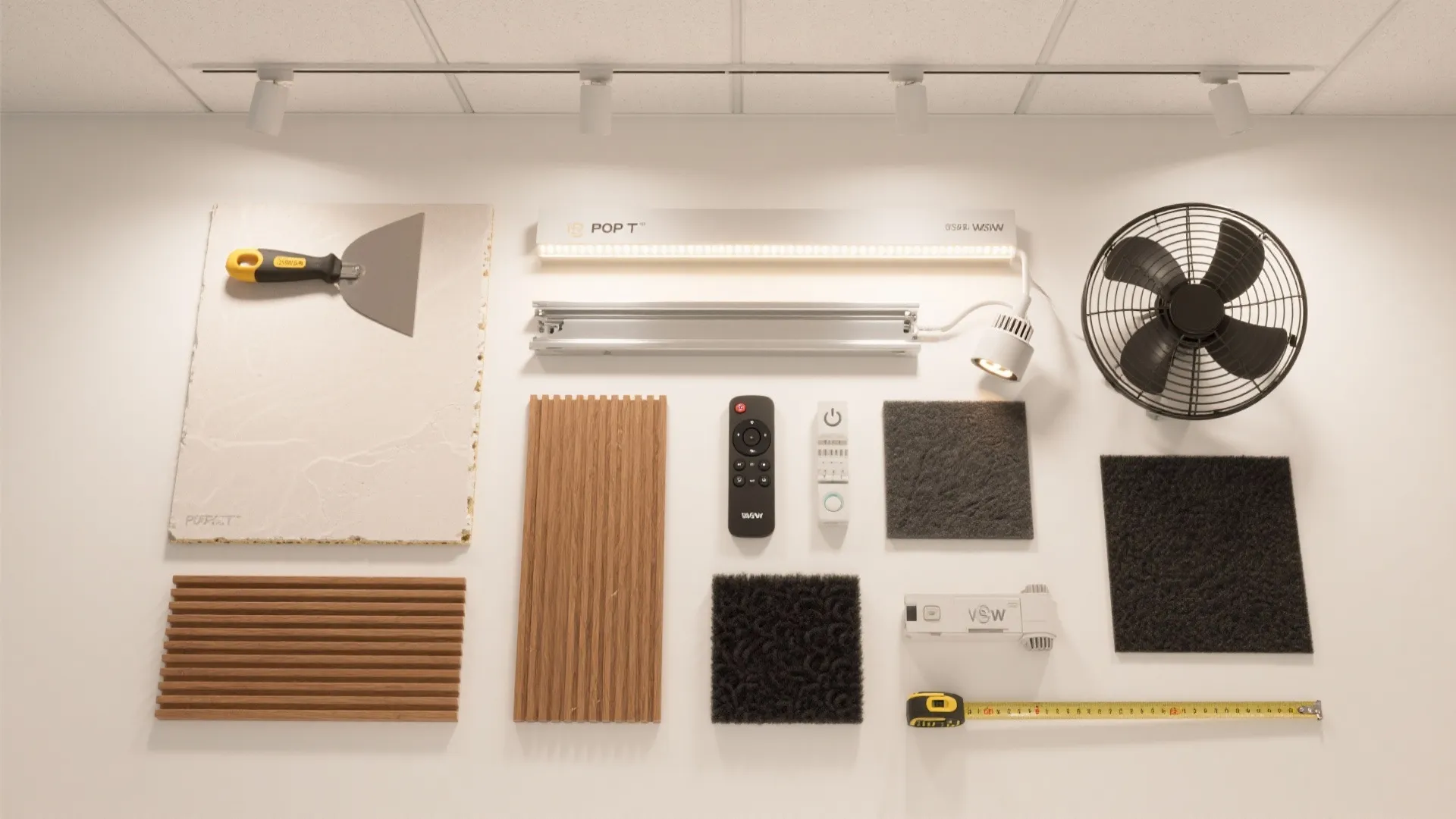 Flat lay of home renovation materials with wood panels remote control tape measure and light fixtures