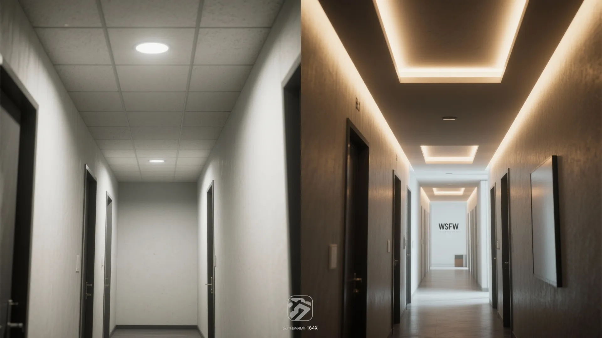 Before and after comparison of a plain office hallway versus one with warm decorative lighting