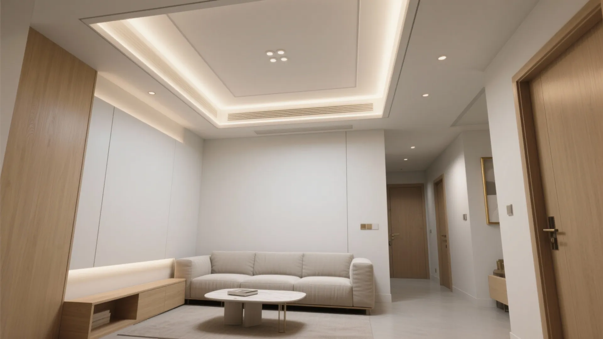 Minimalist living room with beige sofa marble coffee table wooden cabinet and warm hidden lighting