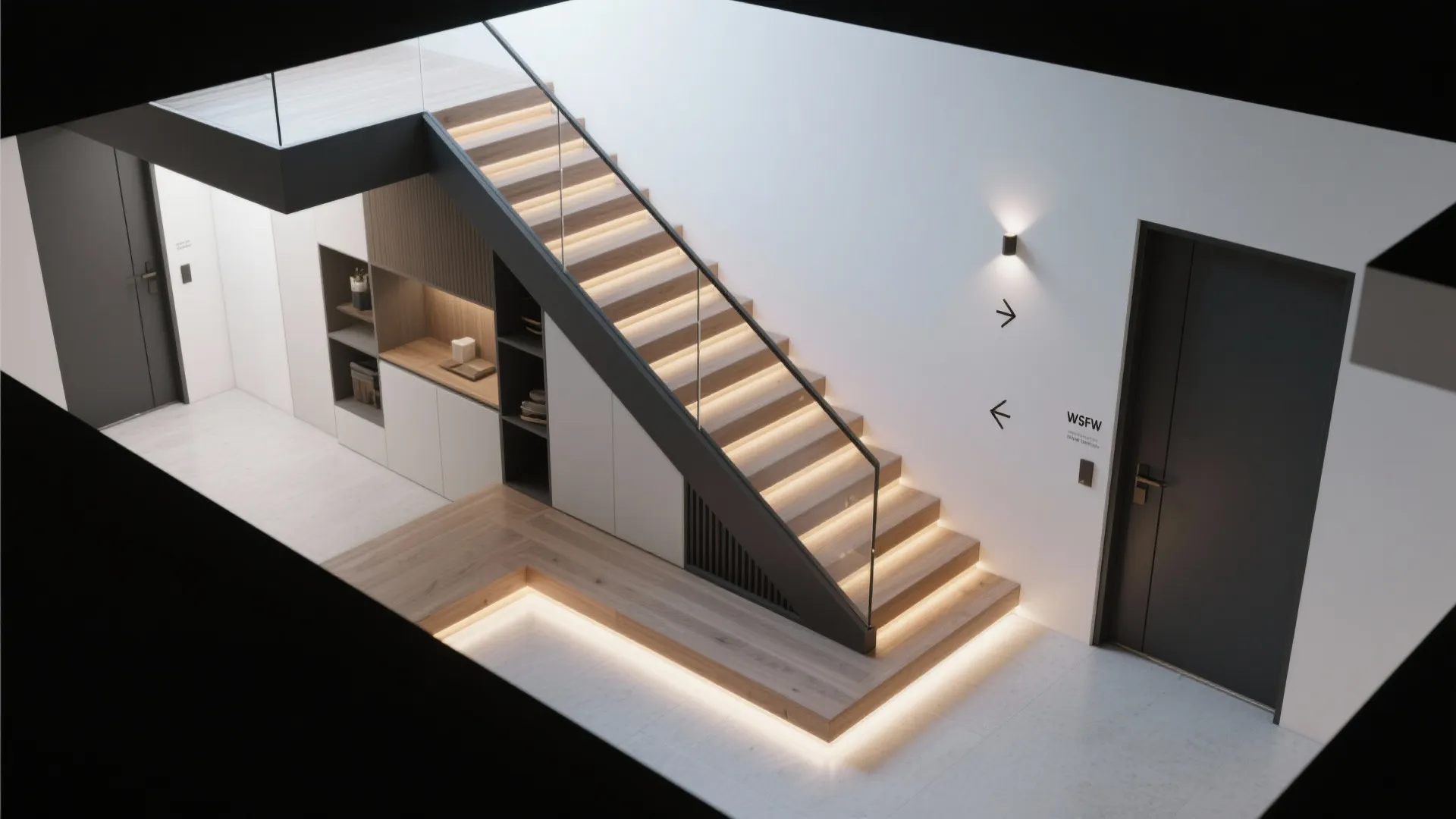 Top-down view of a hall plan showing stair storage zones, lighting layers, glass balustrade, and compact switchback layout.