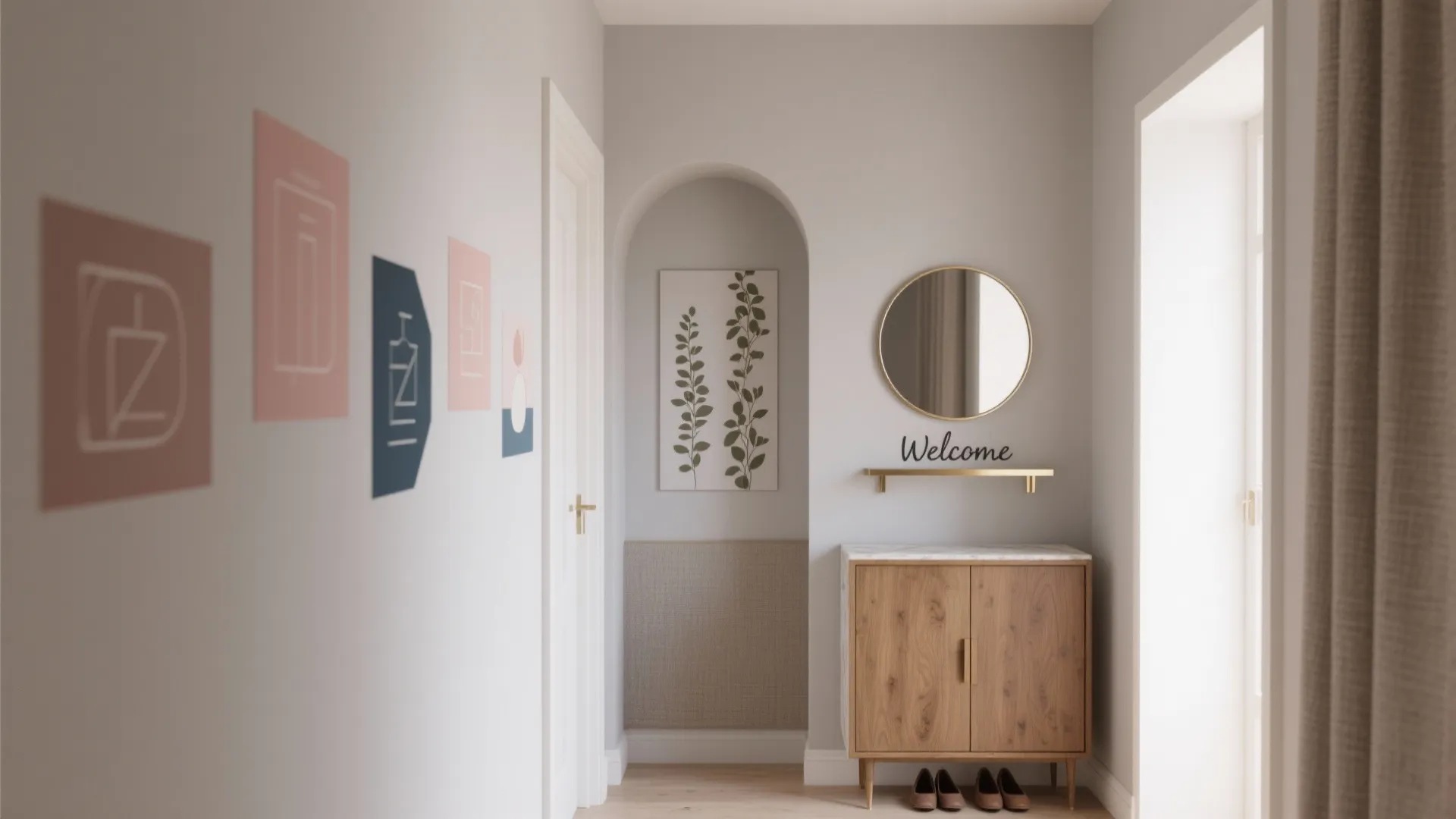 Hallway interior with wooden cabinet round mirror welcome sign and colorful wall art stickers on display