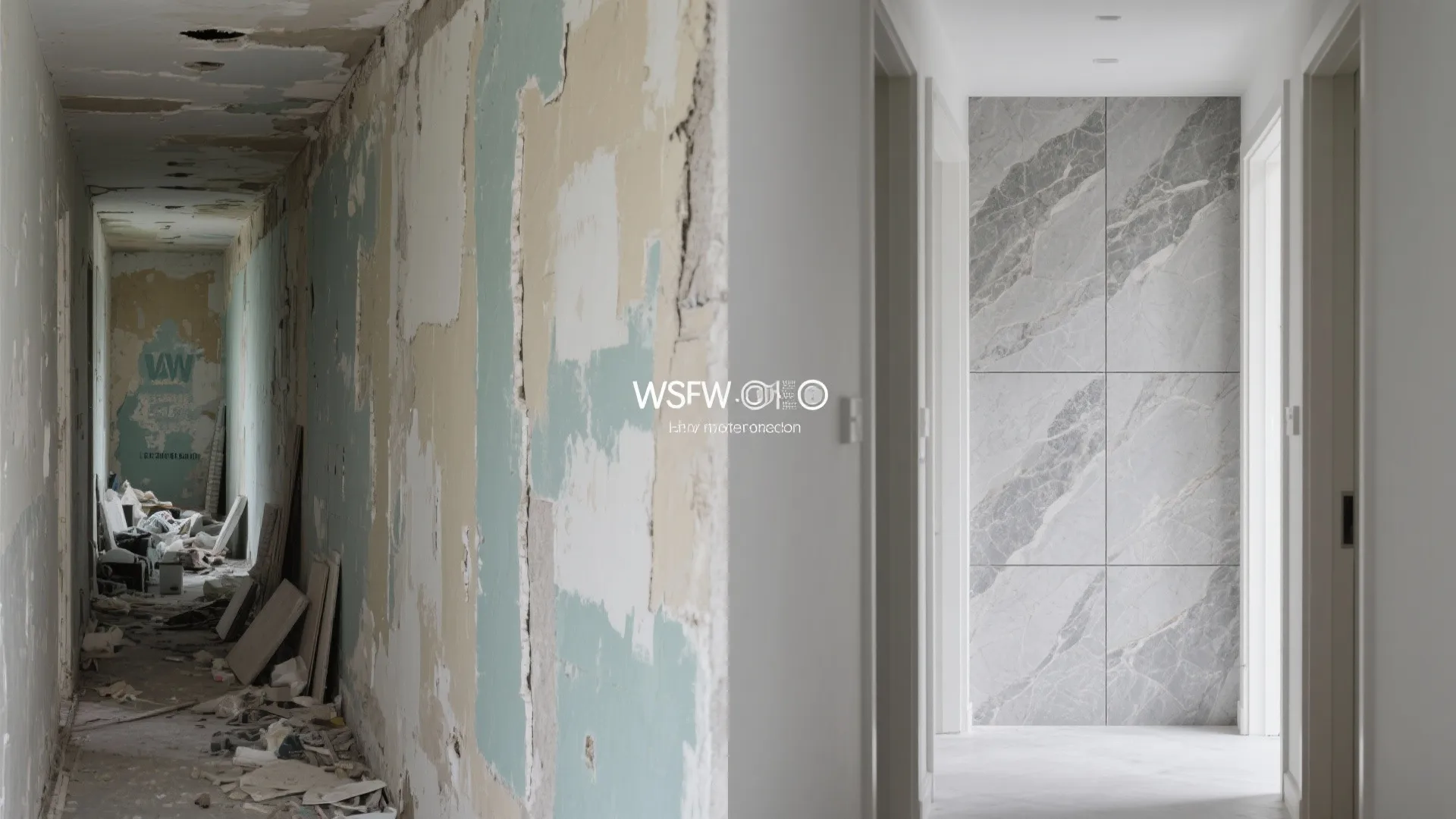 Before-and-after of a hallway transformed with large-format stone-look wall tiles.