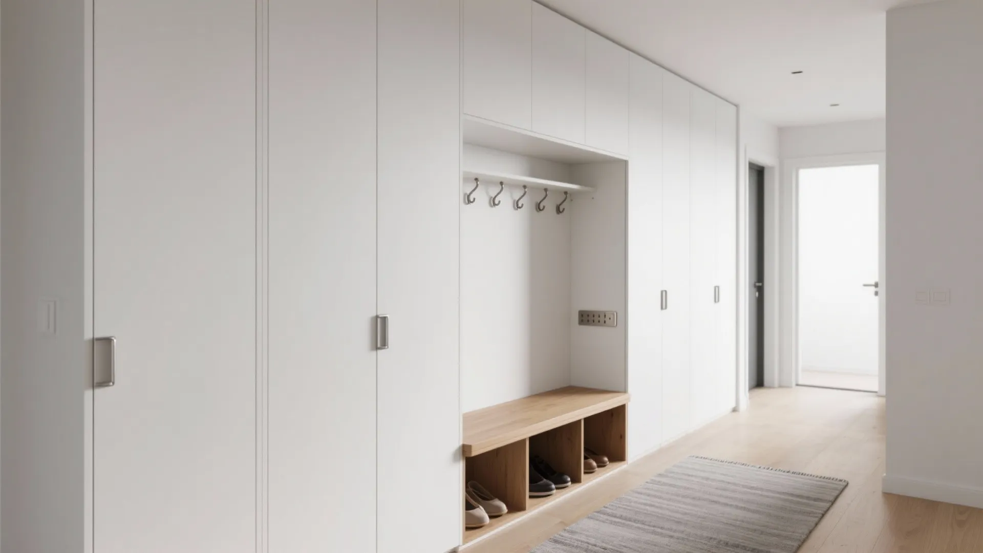 Modern white hallway storage cabinet with wooden bench seating and hooks for coats and shoes