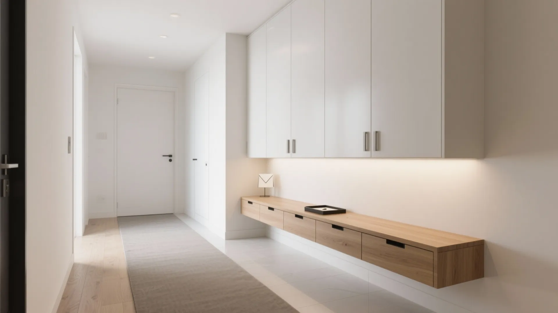 Modern white hallway featuring a large wall cabinet floating wood shelf and grey floor rug