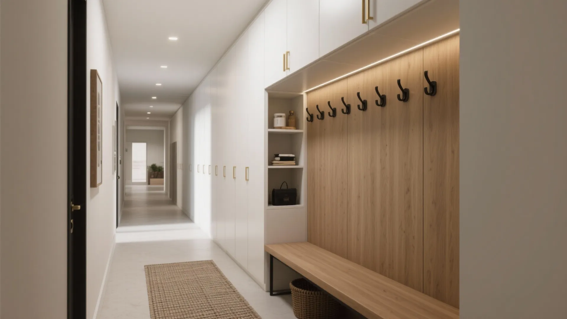 Modern hallway with white cabinets wooden bench black wall hooks small carpet and soft ceiling lights