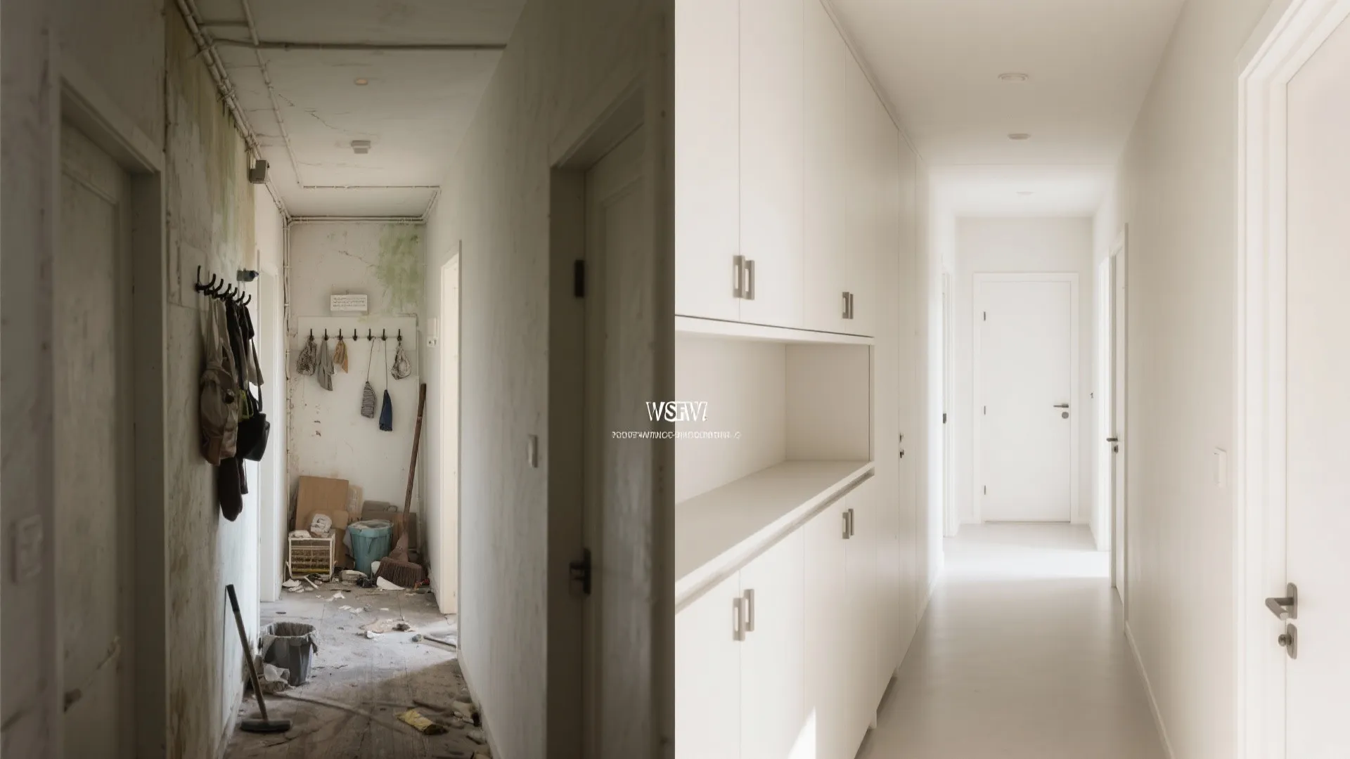 Before and after of a small hall from cluttered hooks to clean concealed niche cabinets.