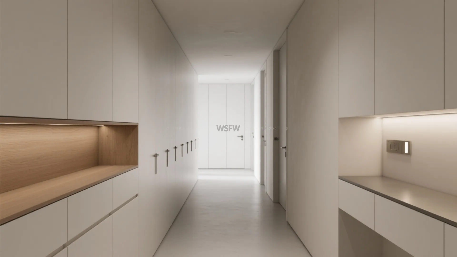 Flush full-height storage wall with touch-latch doors in a minimalist hall.