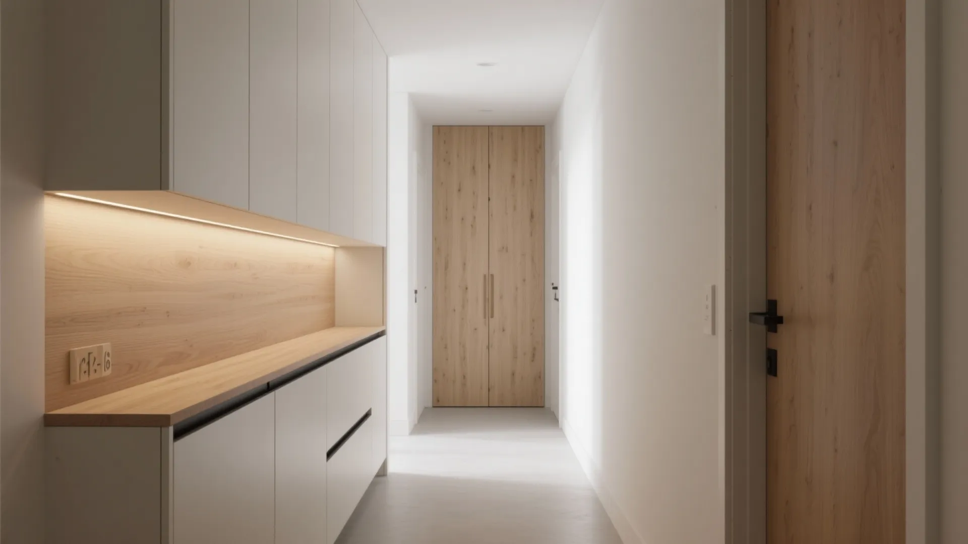 Minimalist Hall Wood Storage & Paneling
