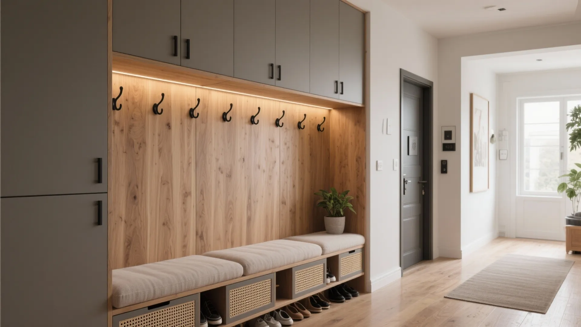 Built-in Storage Walls with Seat Niche