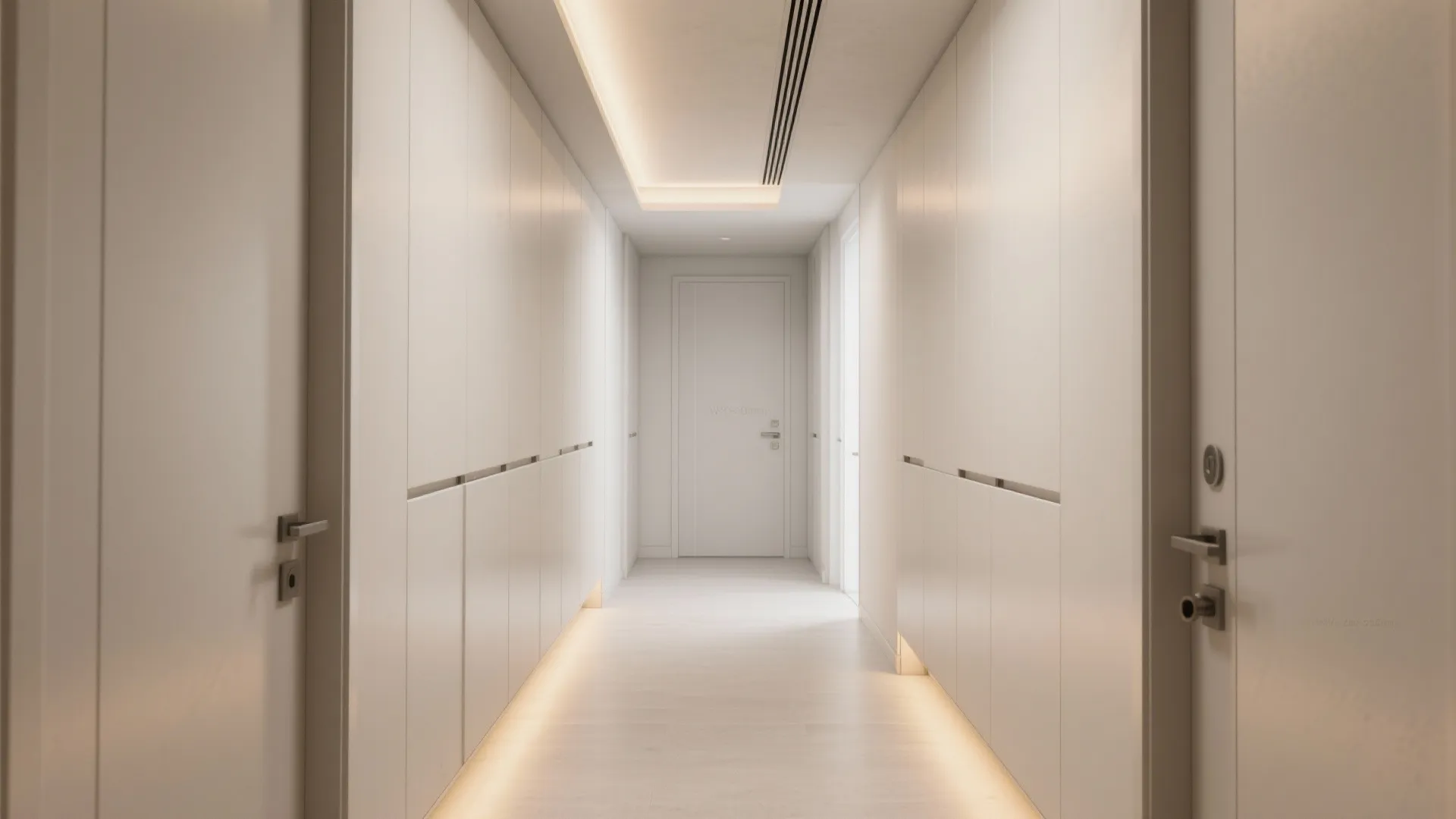 Bright white corridor with built in storage cabinets and soft warm floor lighting on edges