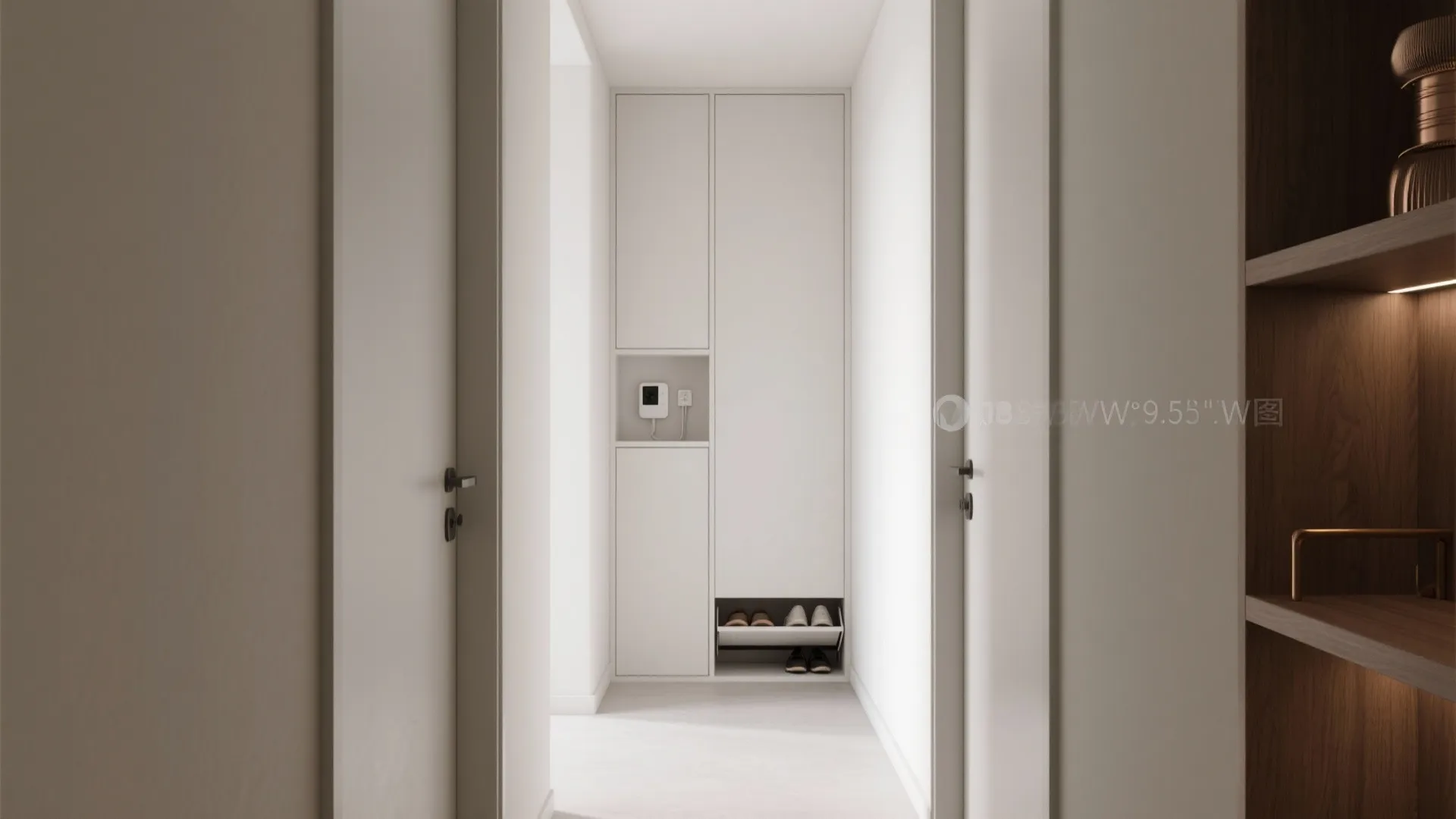 Narrow white hallway design featuring a tall built in shoe cabinet and open wood wall shelves