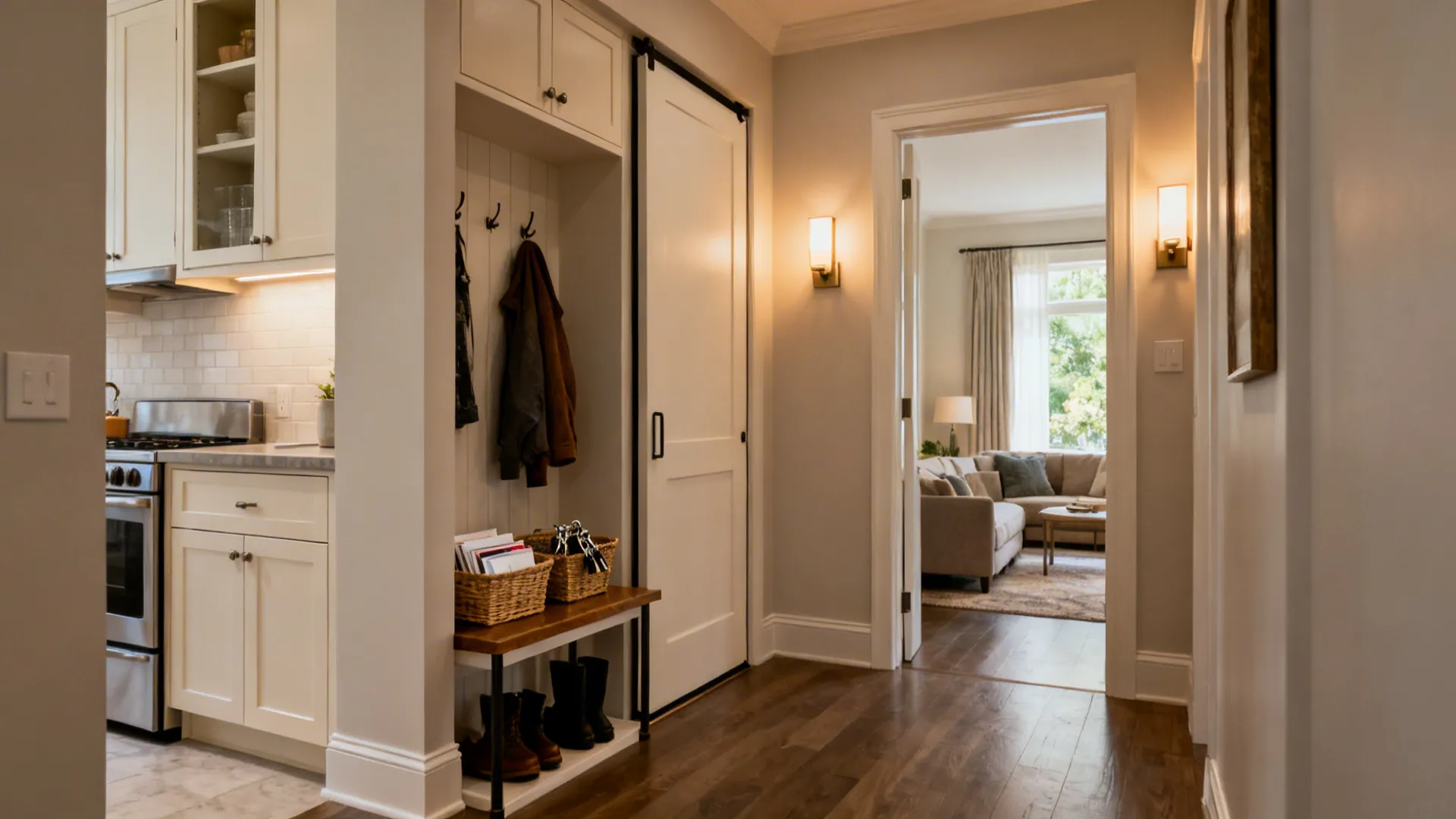 Slim hallway niche with shallow pantry cabinets and a shoe-and-coat station keeping the small kitchen uncluttered.