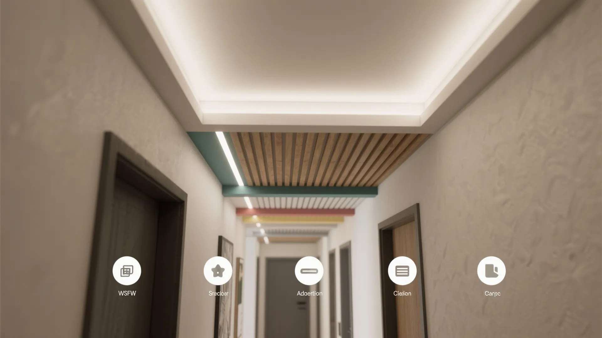 Interior hallway design with wood panel ceiling light fixture and various room icons for navigation