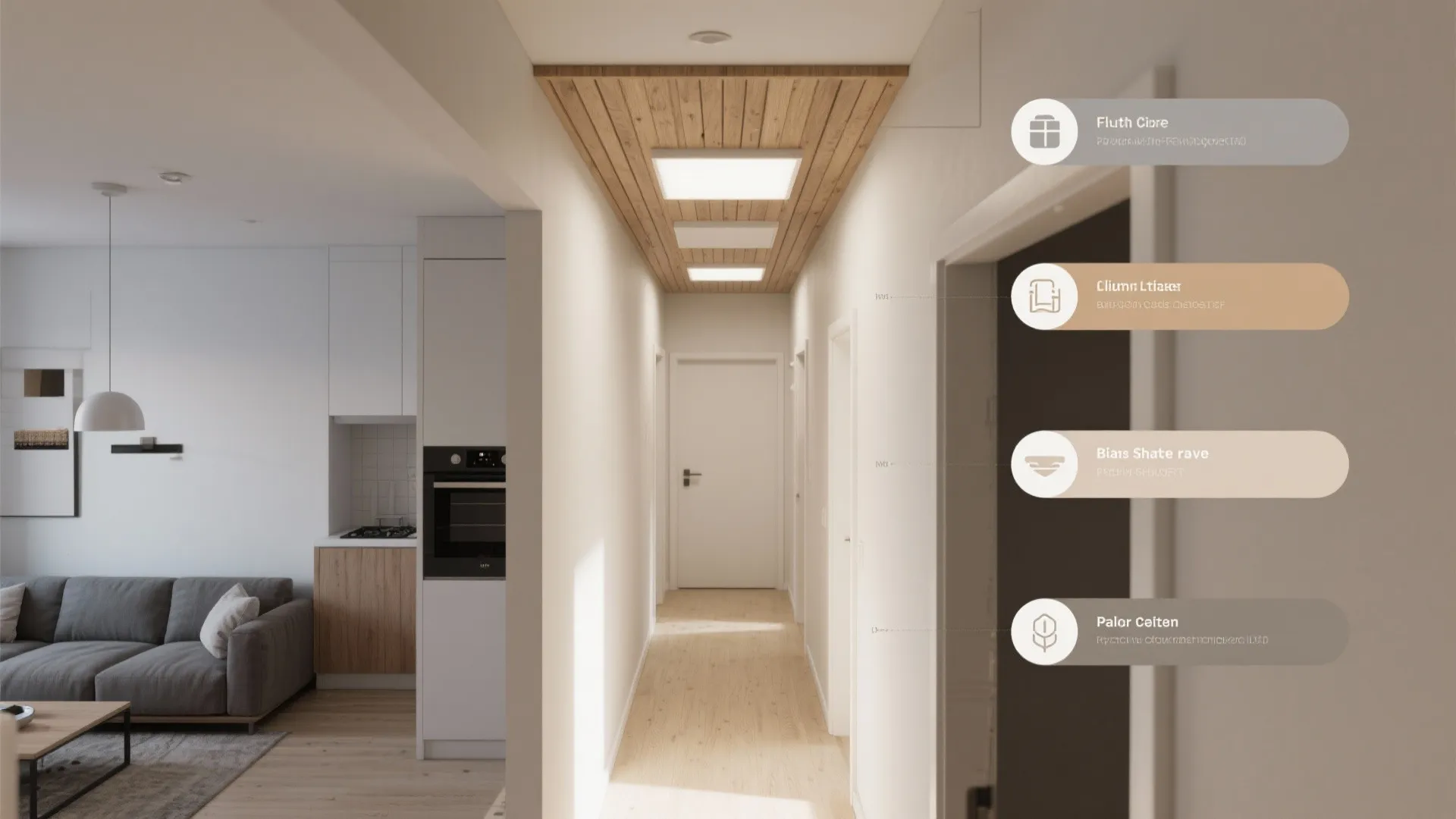 Modern narrow hallway design with wooden ceiling panels white walls and color palette material tags