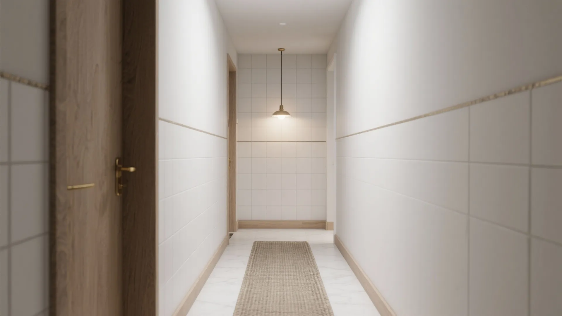 Modern narrow hallway with white tiled walls and a small hanging ceiling light fixture above