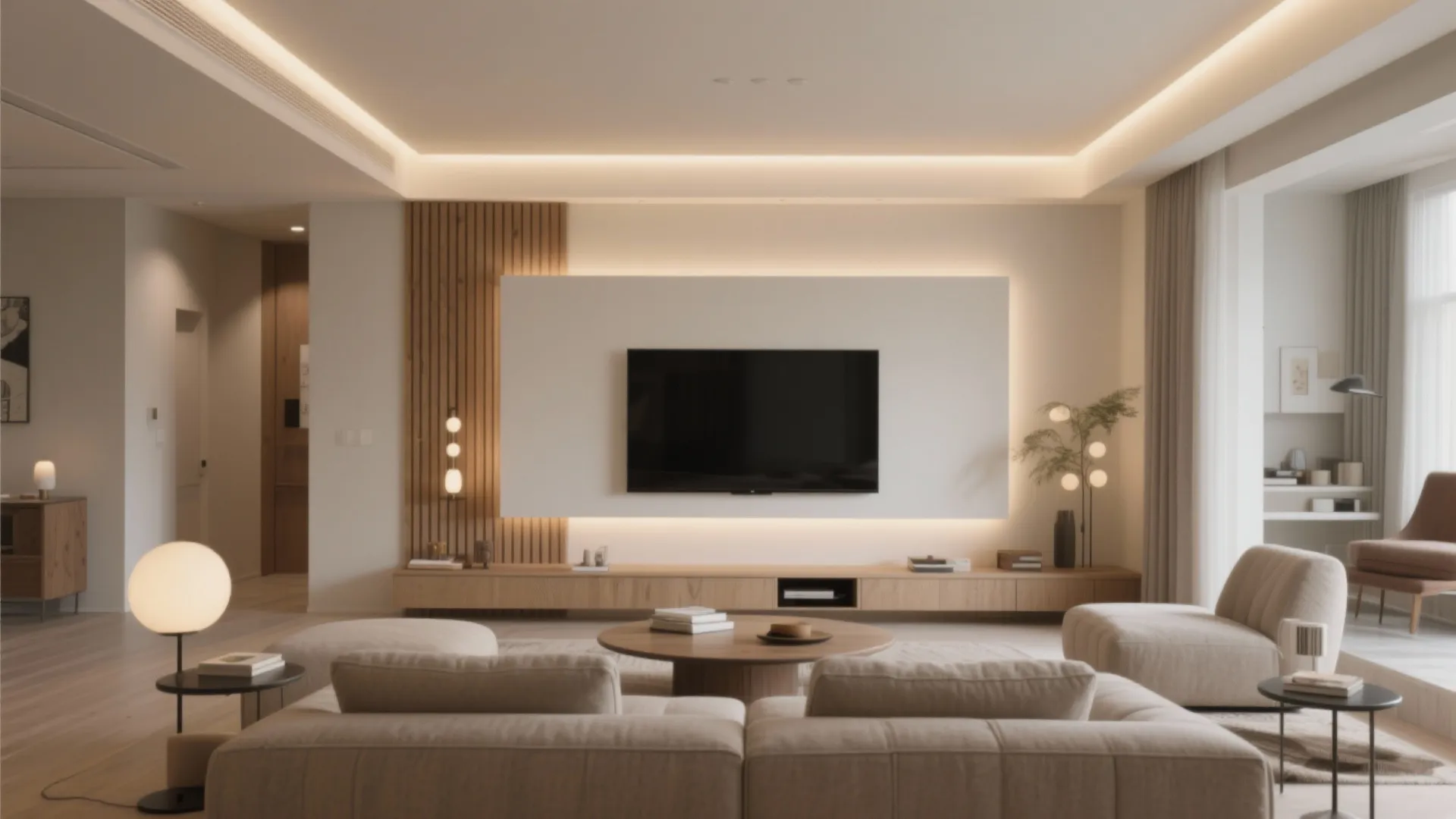 Minimalist living room featuring television mounted on white panel with wood wall panel and sofa