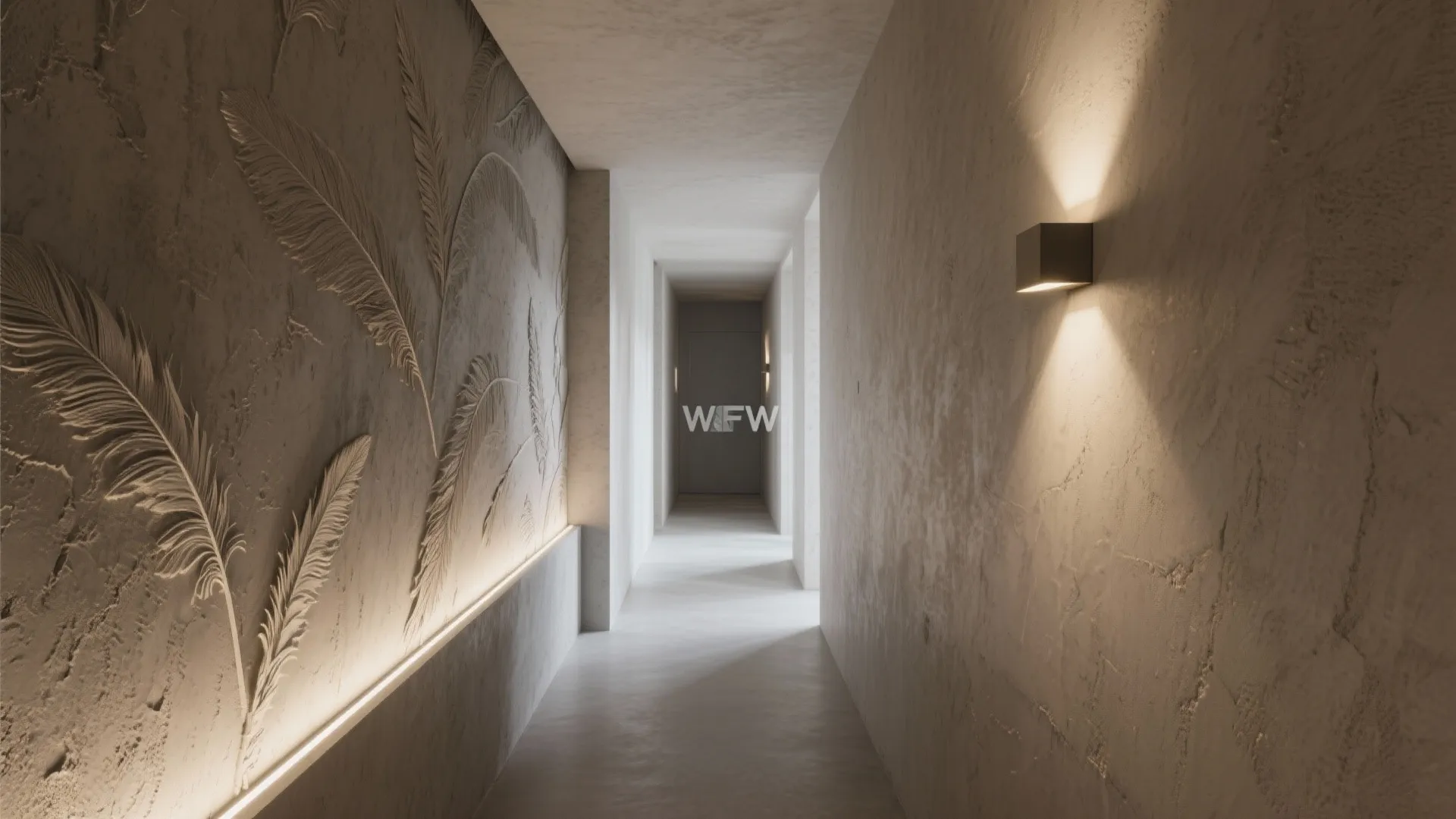Long narrow hallway with decorative feather wall pattern warm wall light and clean white ceiling design