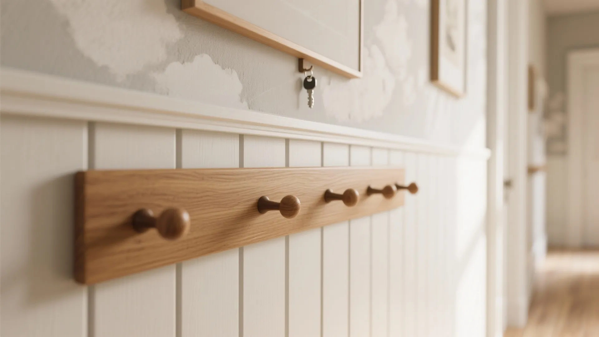 Wooden wall coat rack with round pegs on white wall panel in a bright hallway