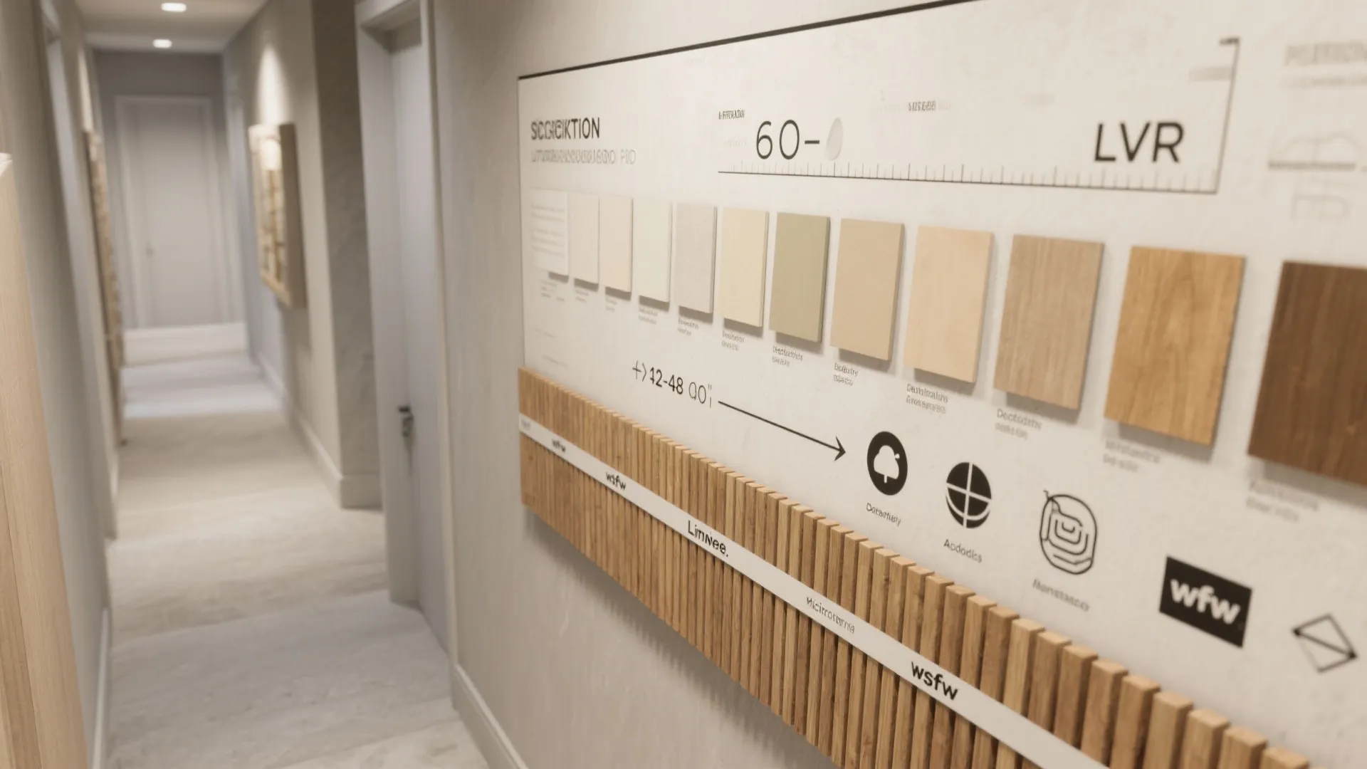 Interior design wall display showing various color samples and wood textures in a long hallway