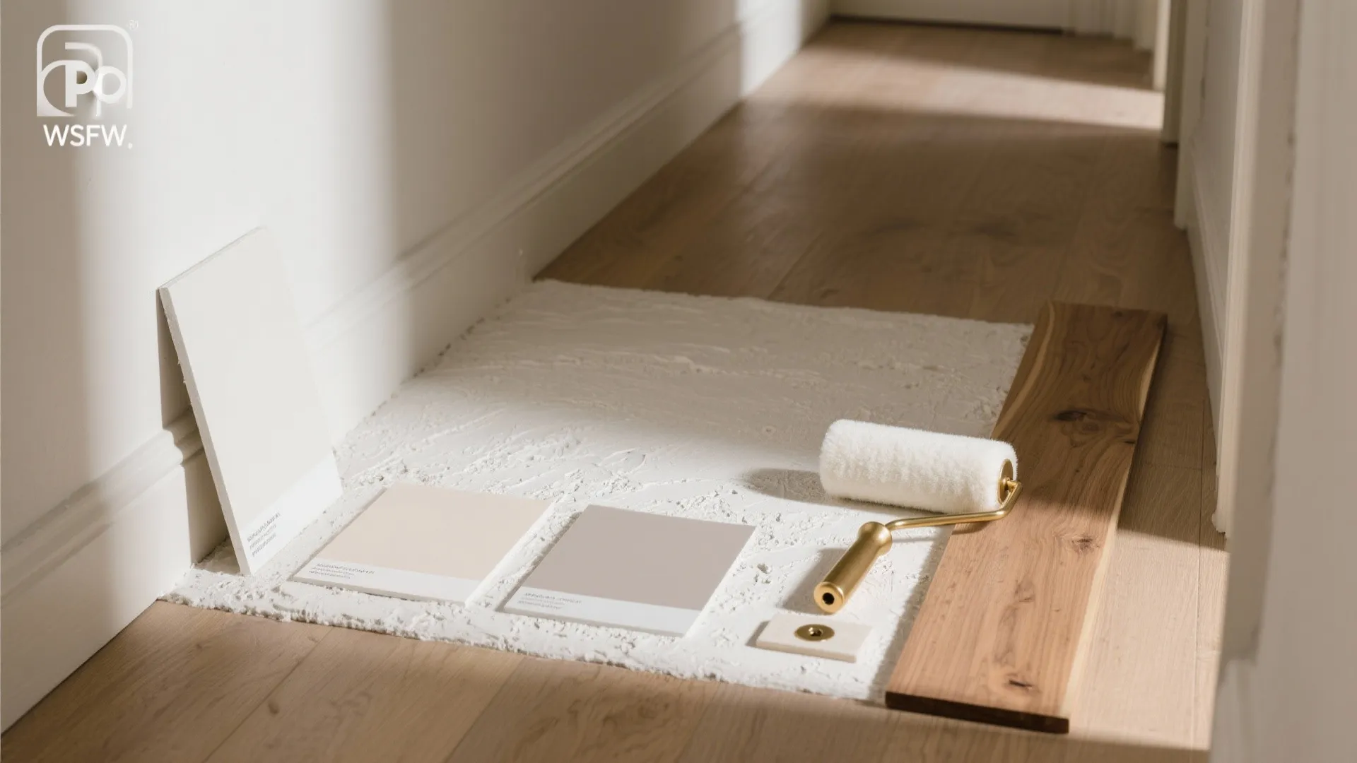 Interior design materials including white paint samples wood flooring plank and paint roller on white rug