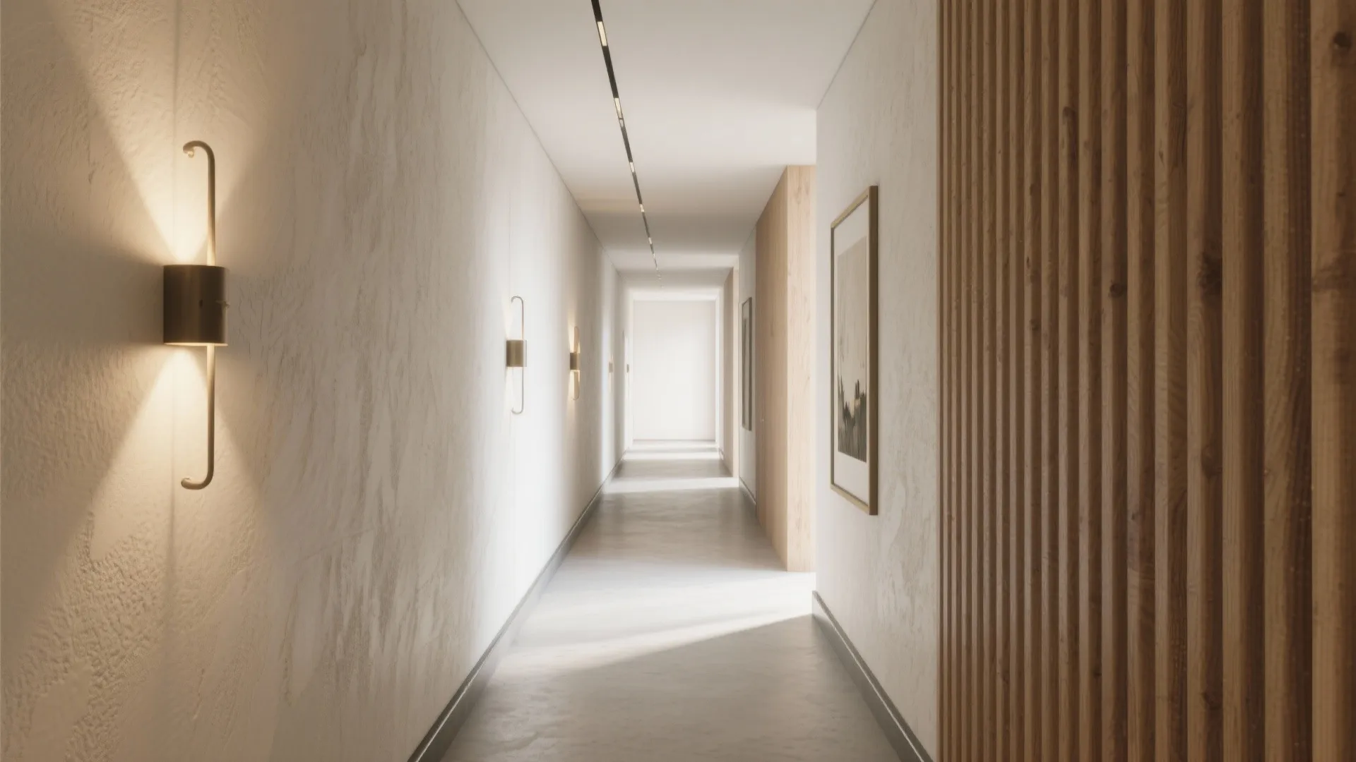 Minimalist long hallway with textured white walls golden wall lights wood panels and recessed ceiling lights