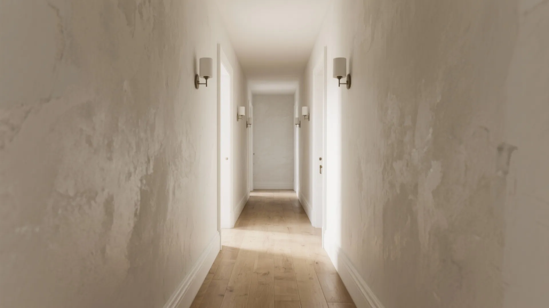 Empty hallway with textured beige walls wooden floor white doors and small black wall lights