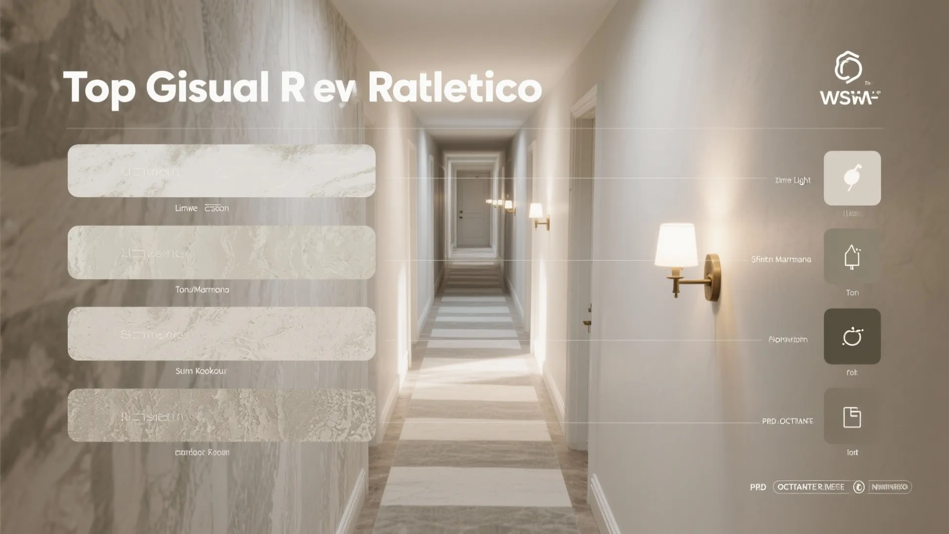 Interior design drawing showing a long hallway with white wall panels and several wall lights