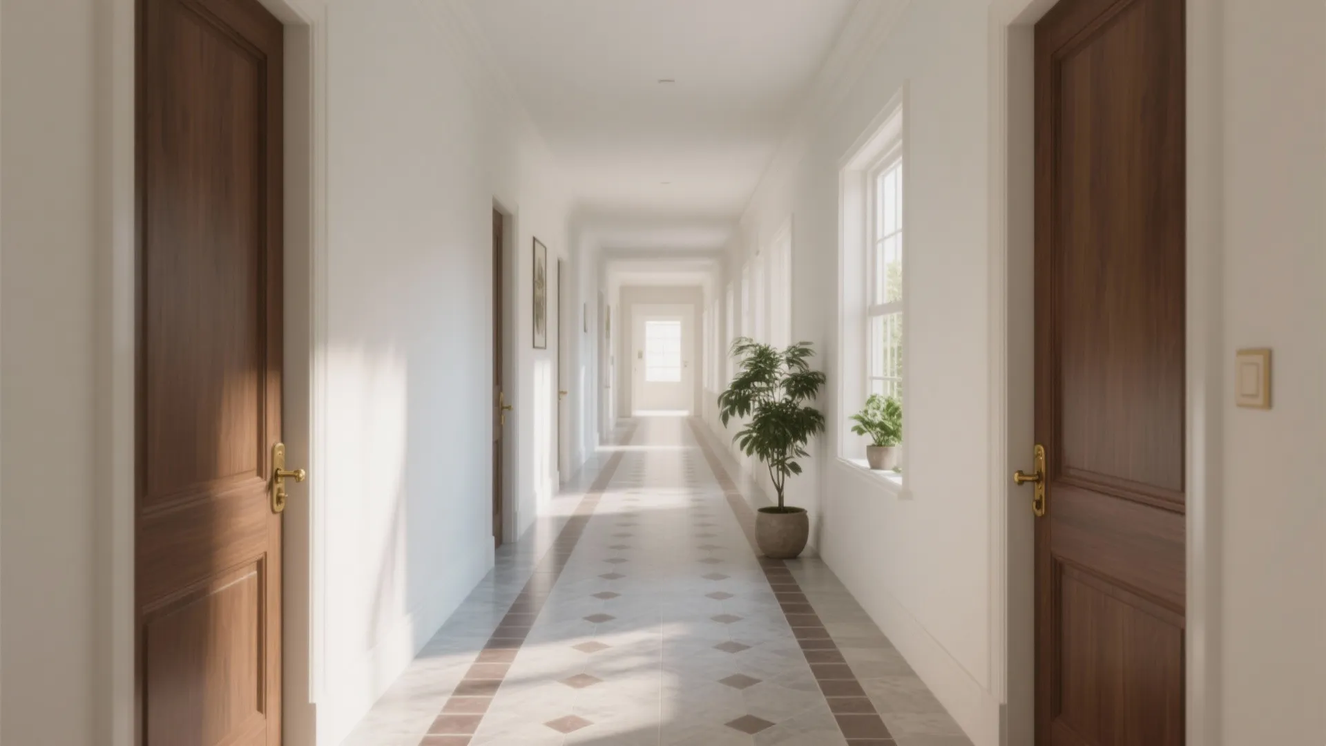 Bright hallway interior design with wooden doors white walls tiled floor green plants and natural light