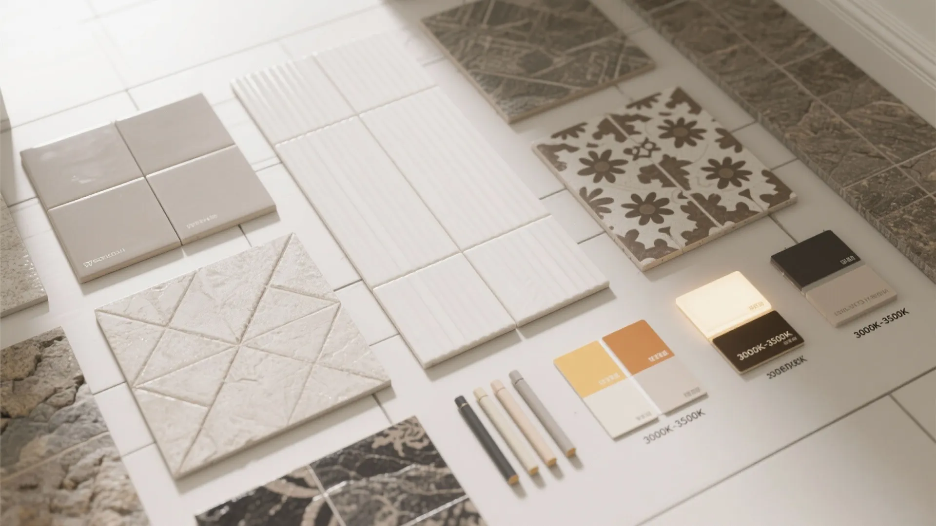 Flatlay of matte, glossy, ribbed, patterned tiles with grout and lighting temperature chips.
