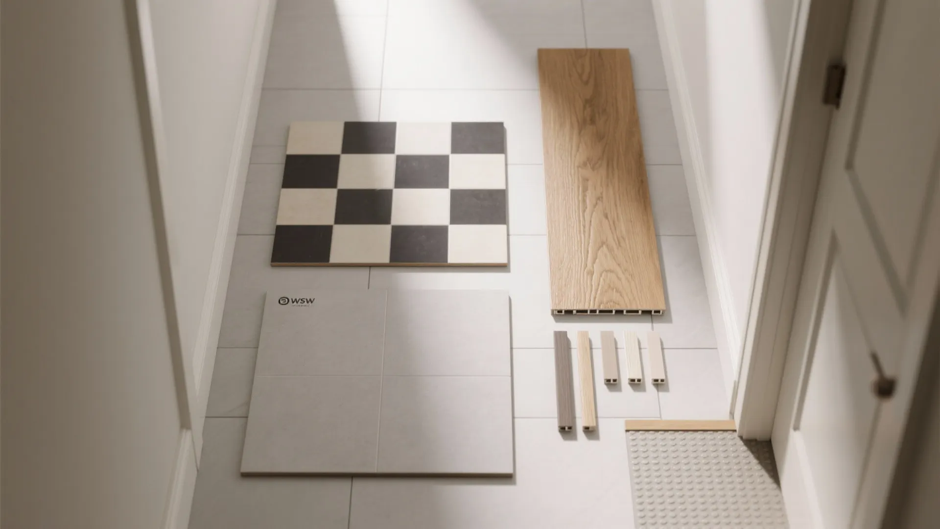 Interior design materials showing checkered tile samples wood plank and grey tiles on a floor