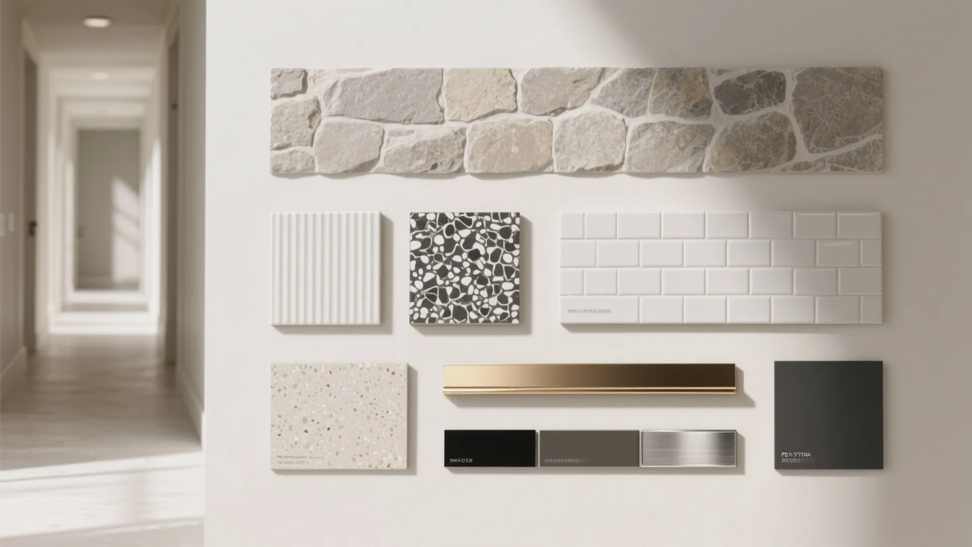 Interior design material board displaying various stone tiles and metal trim samples on white wall
