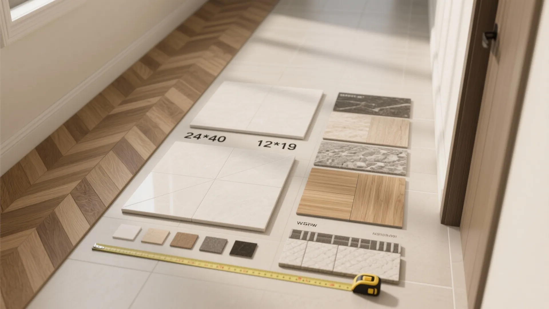 Floor tile samples and a measuring tape displayed on a light colored floor in hallway
