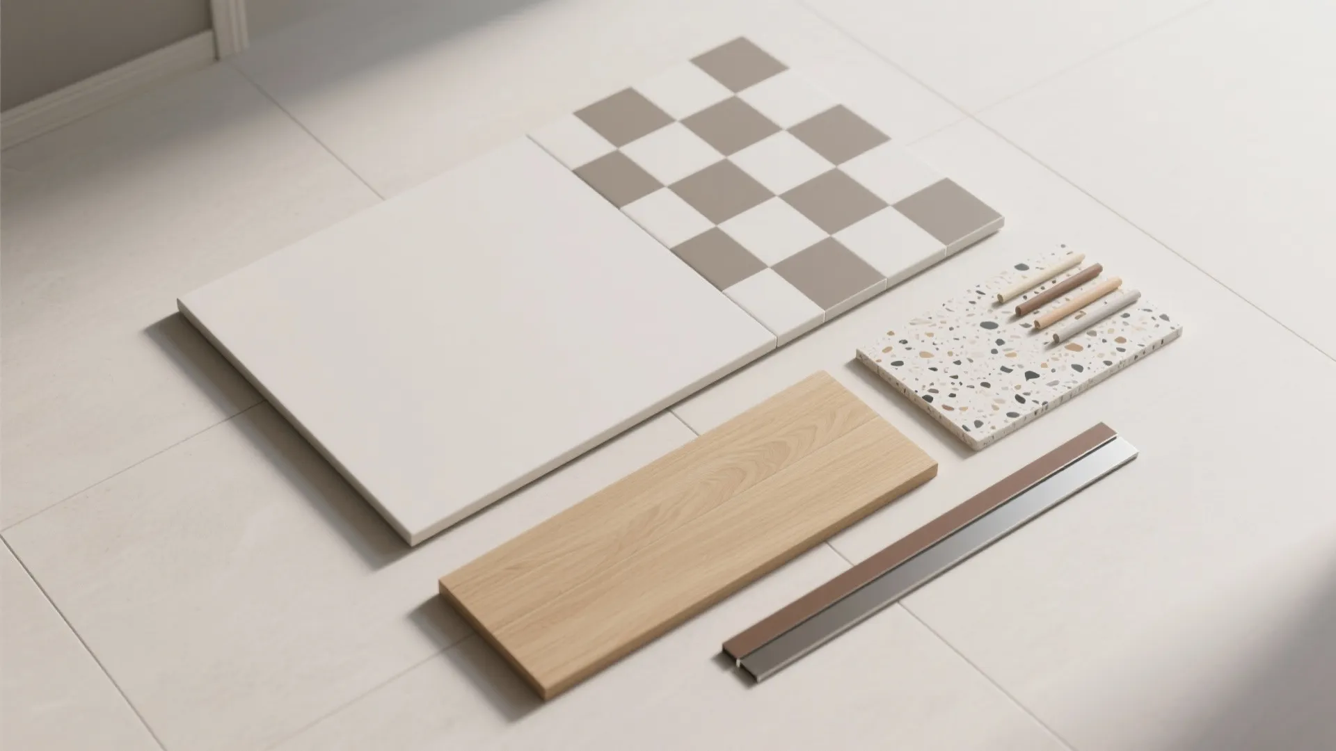 Interior design material board with white tiles wood floor samples and patterned stone on floor