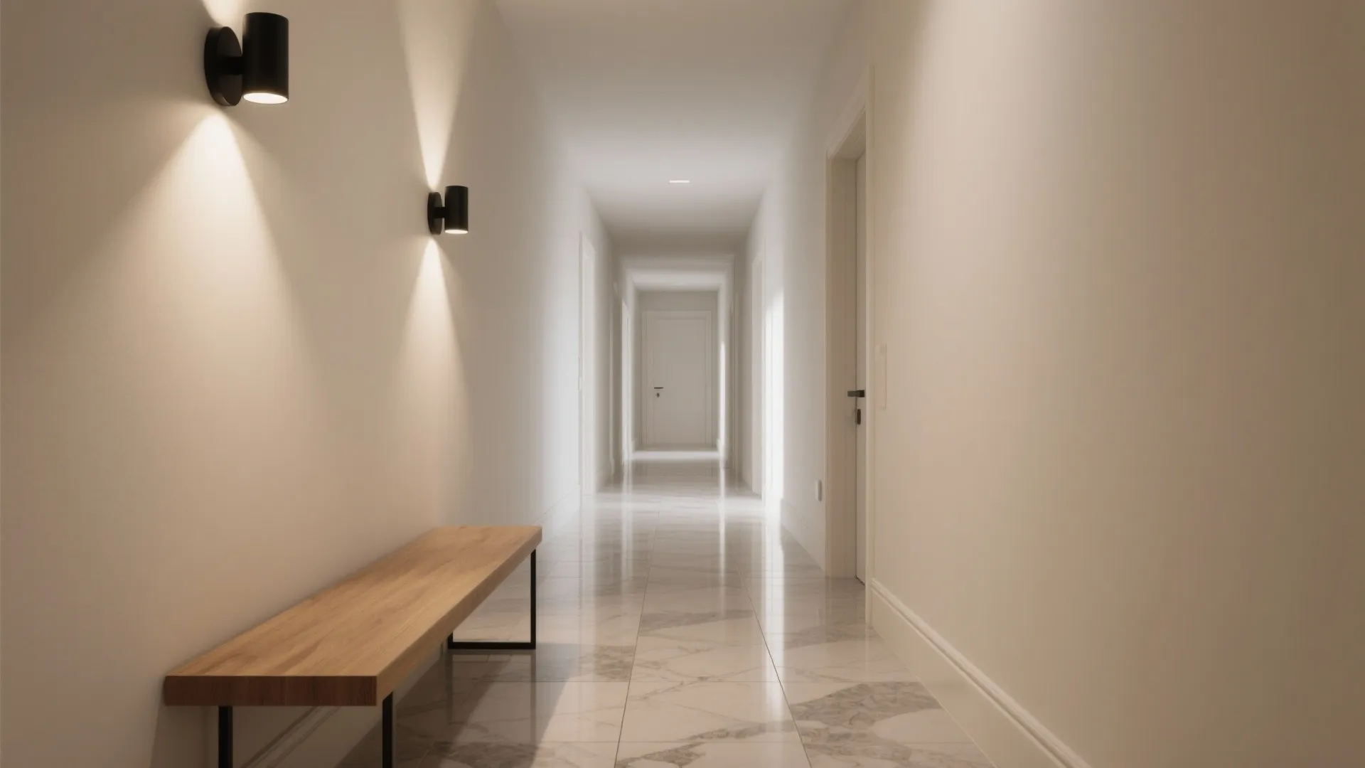 Bright hallway with marble floor tiles wooden bench black wall light fixtures and white walls
