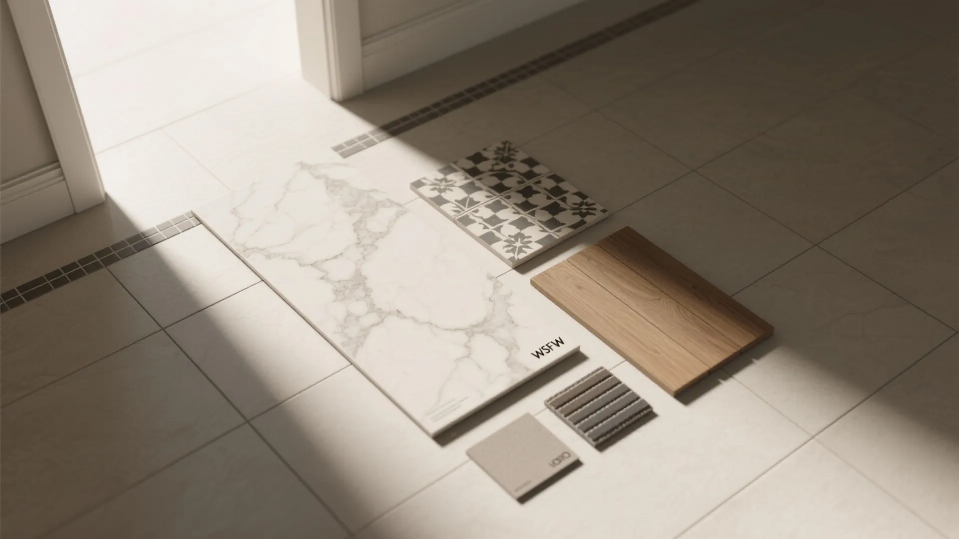 Floor tile samples including marble wood and patterned designs lying on a light beige floor