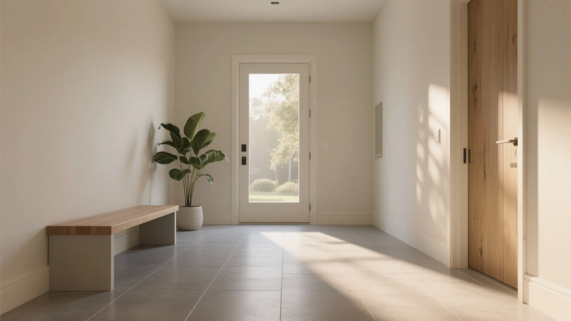 Minimalist entryway featuring large grey floor tiles, wooden bench, green potted plant, and white front door